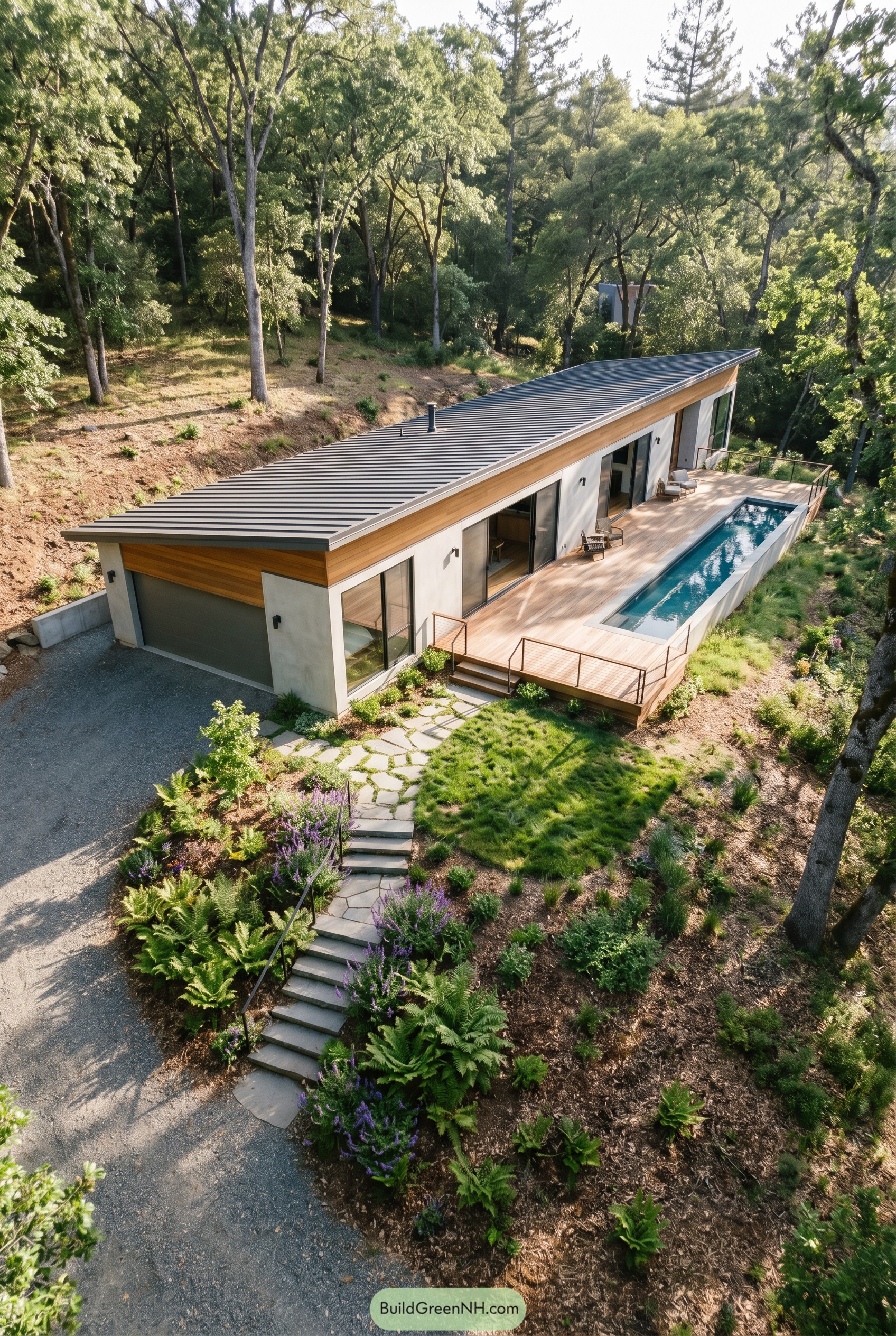 Long single story modern home with garage deck and lap pool on a wooded slope