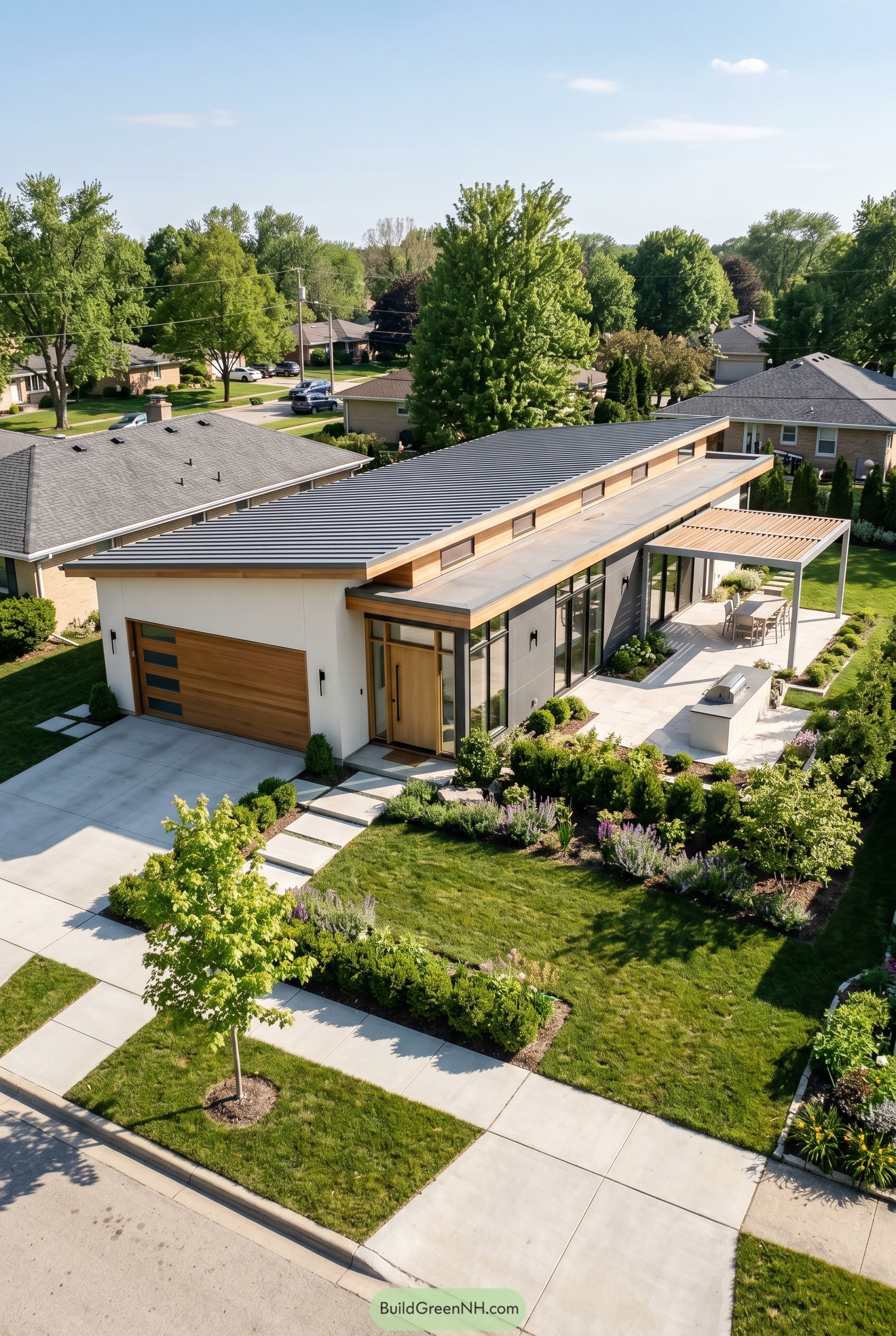 Single story modern house with wood garage and sloped roof