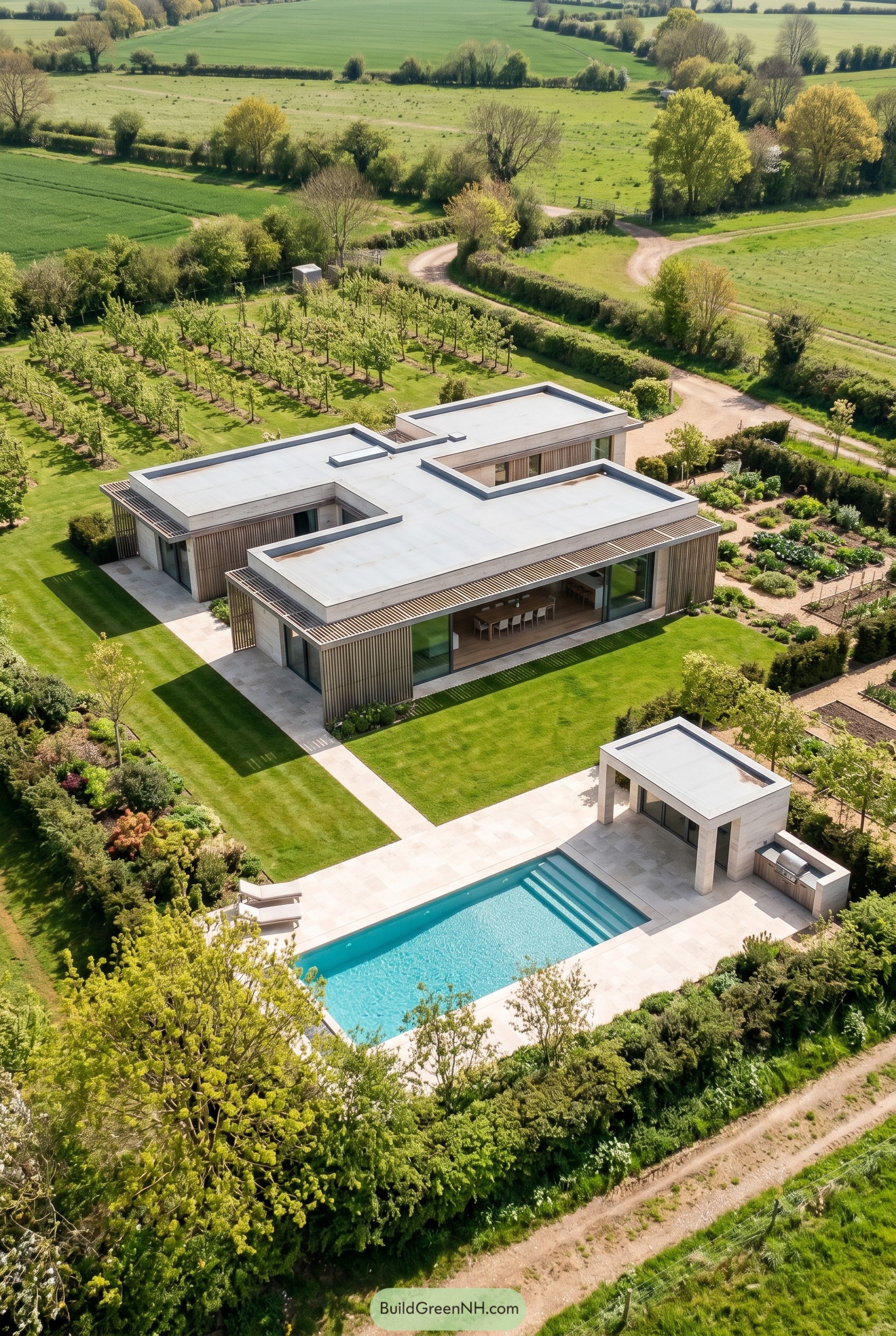 Single story modern home with pool and poolside pavilion in a rural garden