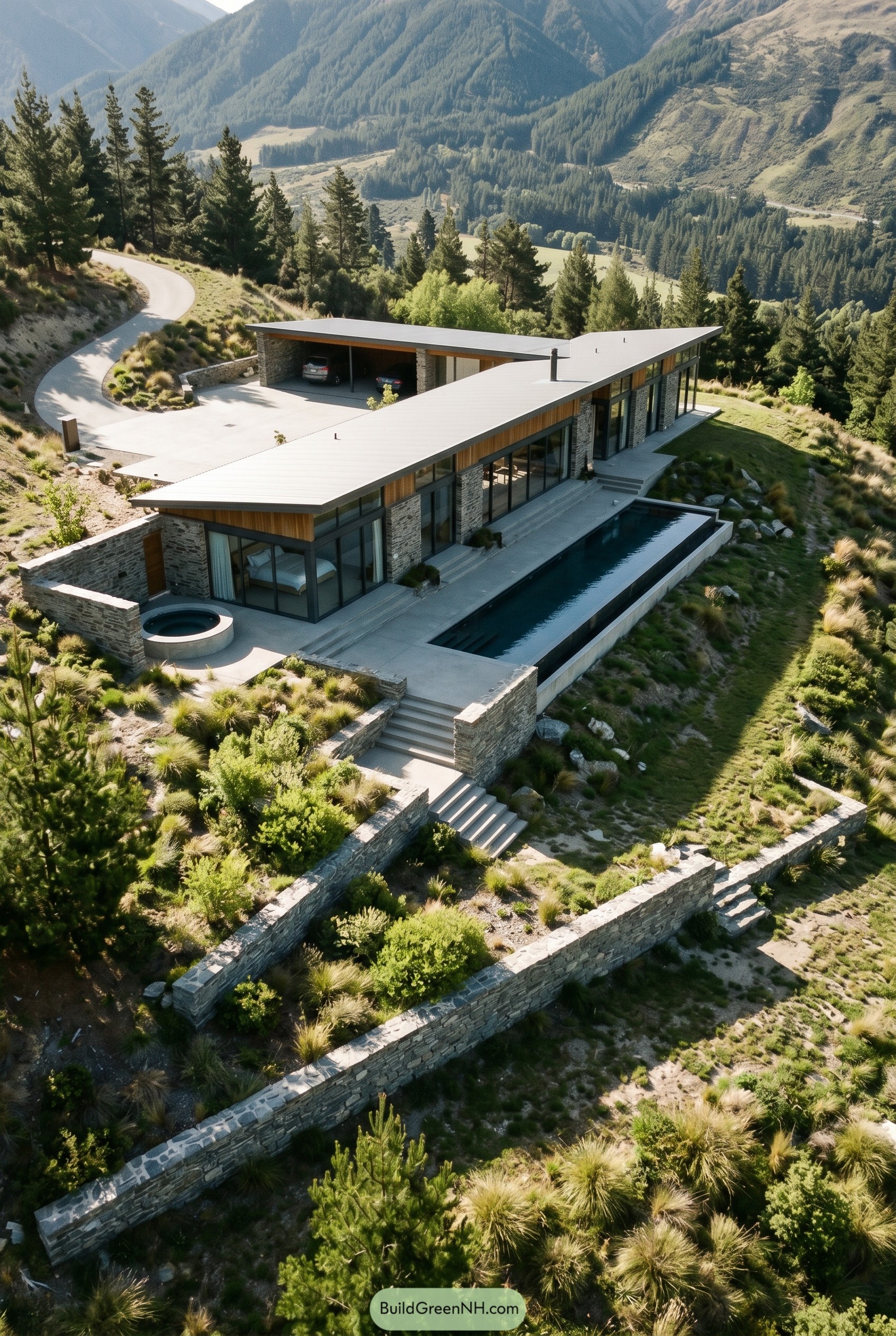 Modern hillside house with long lap pool