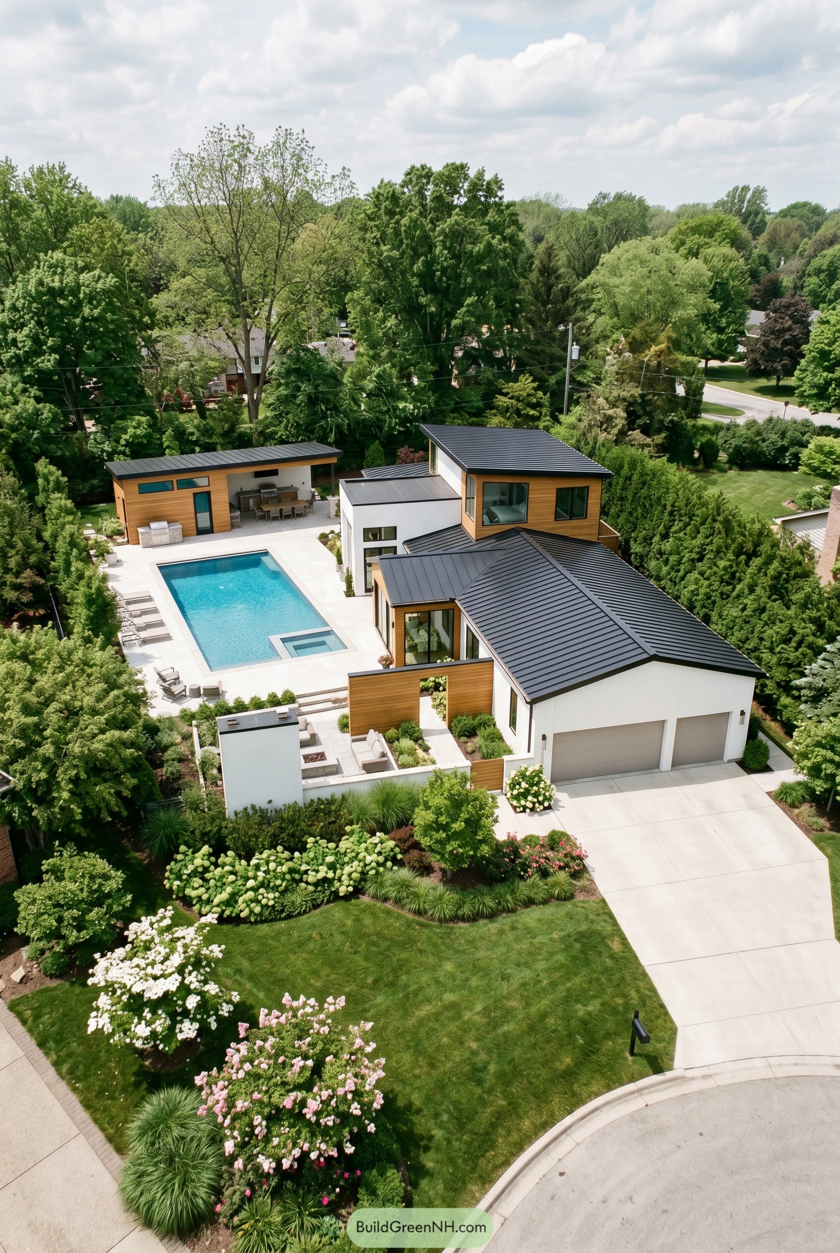 Modern white and wood home with rectangular pool and detached cabana