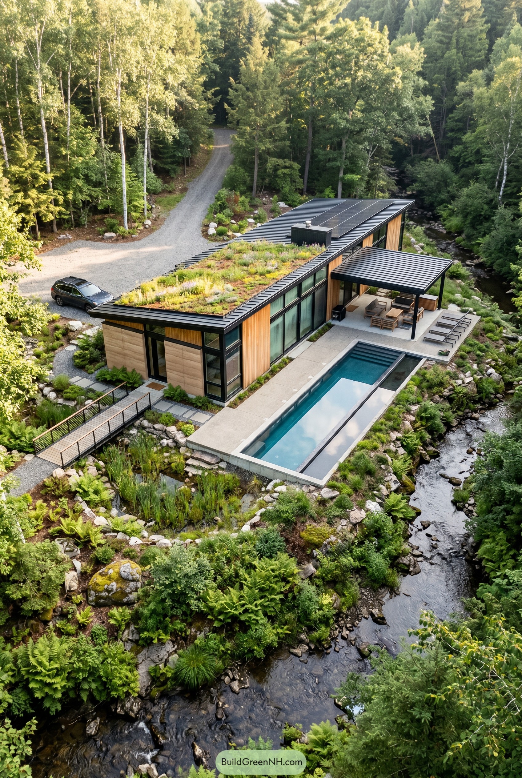 Modern one story house with lap pool by a creek
