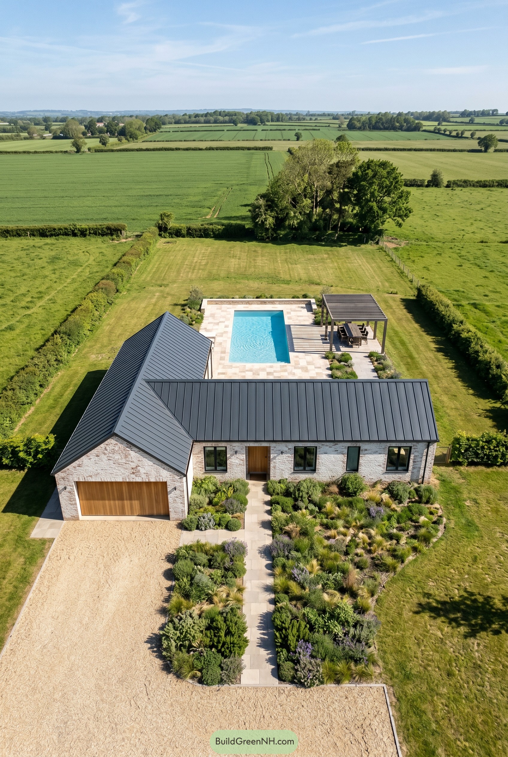 Aerial view of a single story modern house with pool and pergola in open countryside