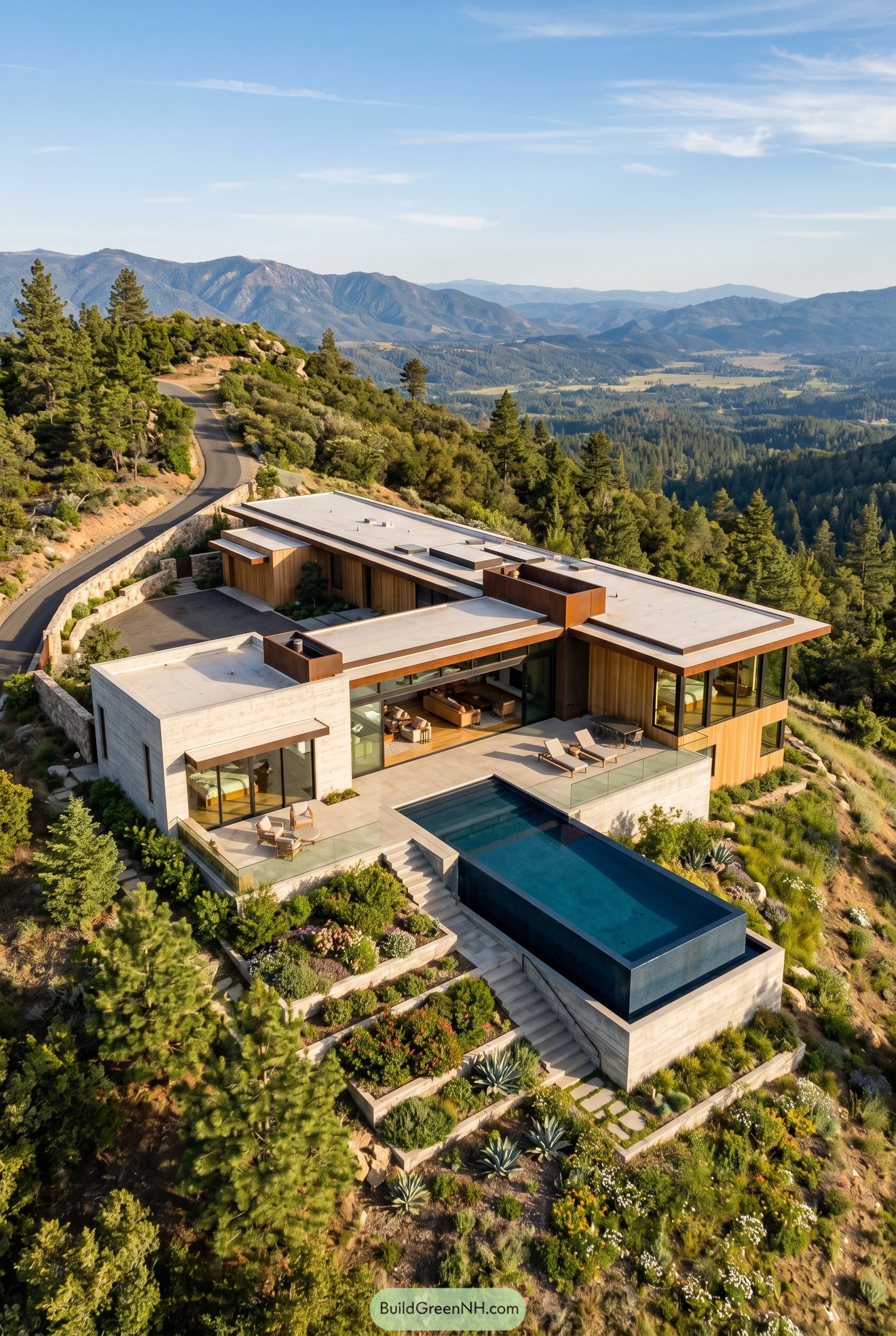 Single story hillside modern house with infinity pool
