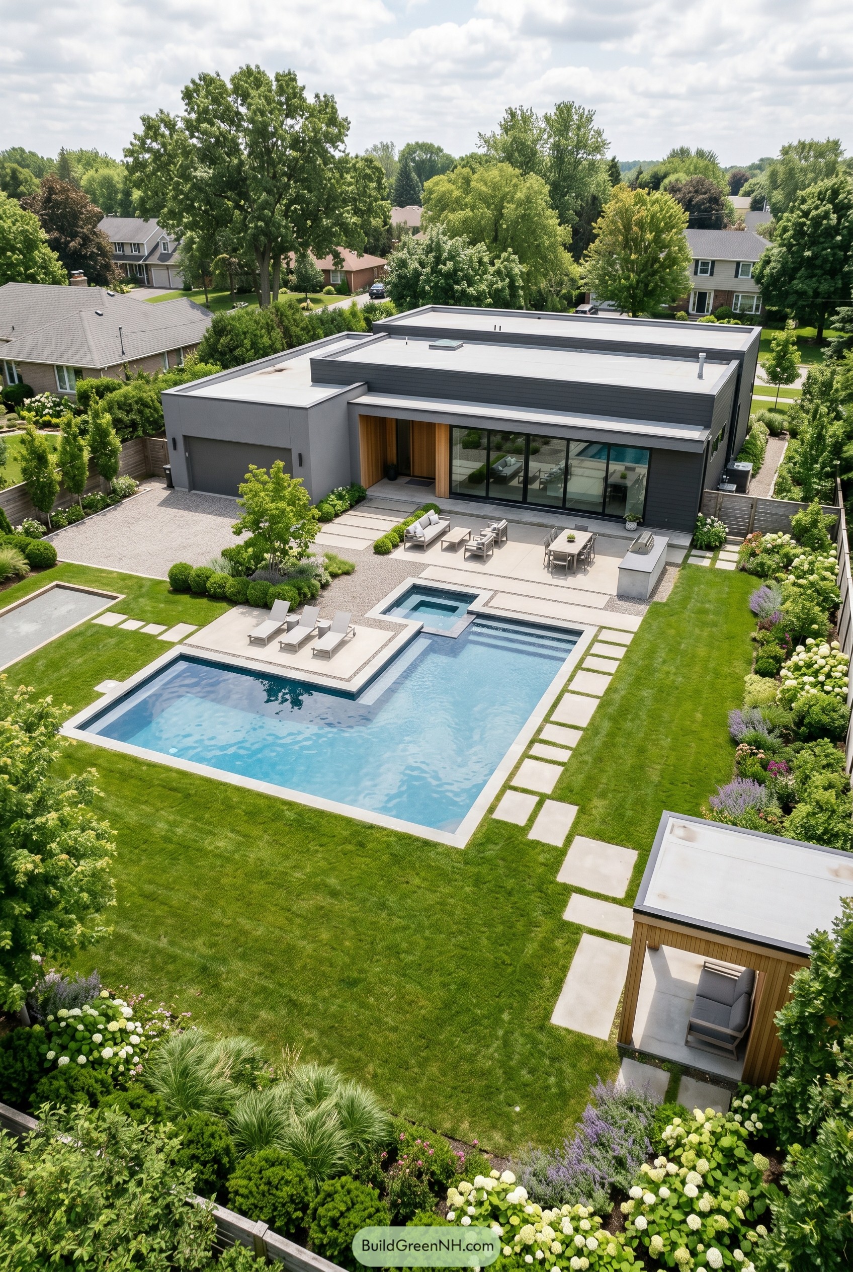 Single story modern house with geometric pool and spa