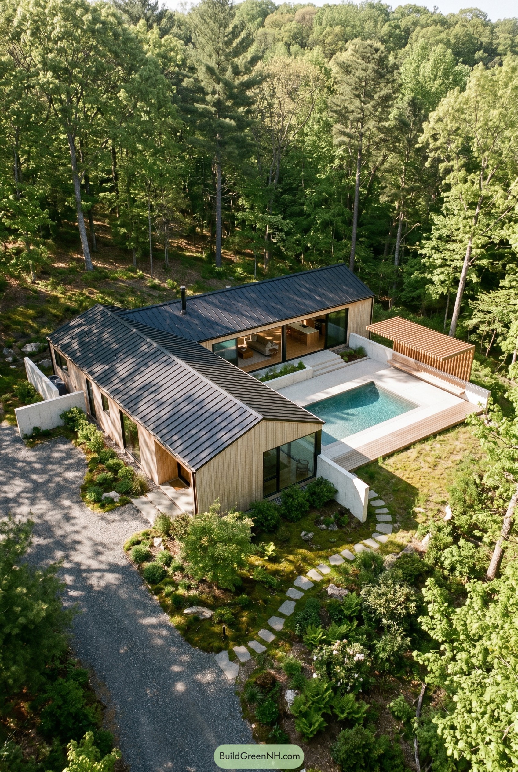 Single story cedar home with pool in dense woods