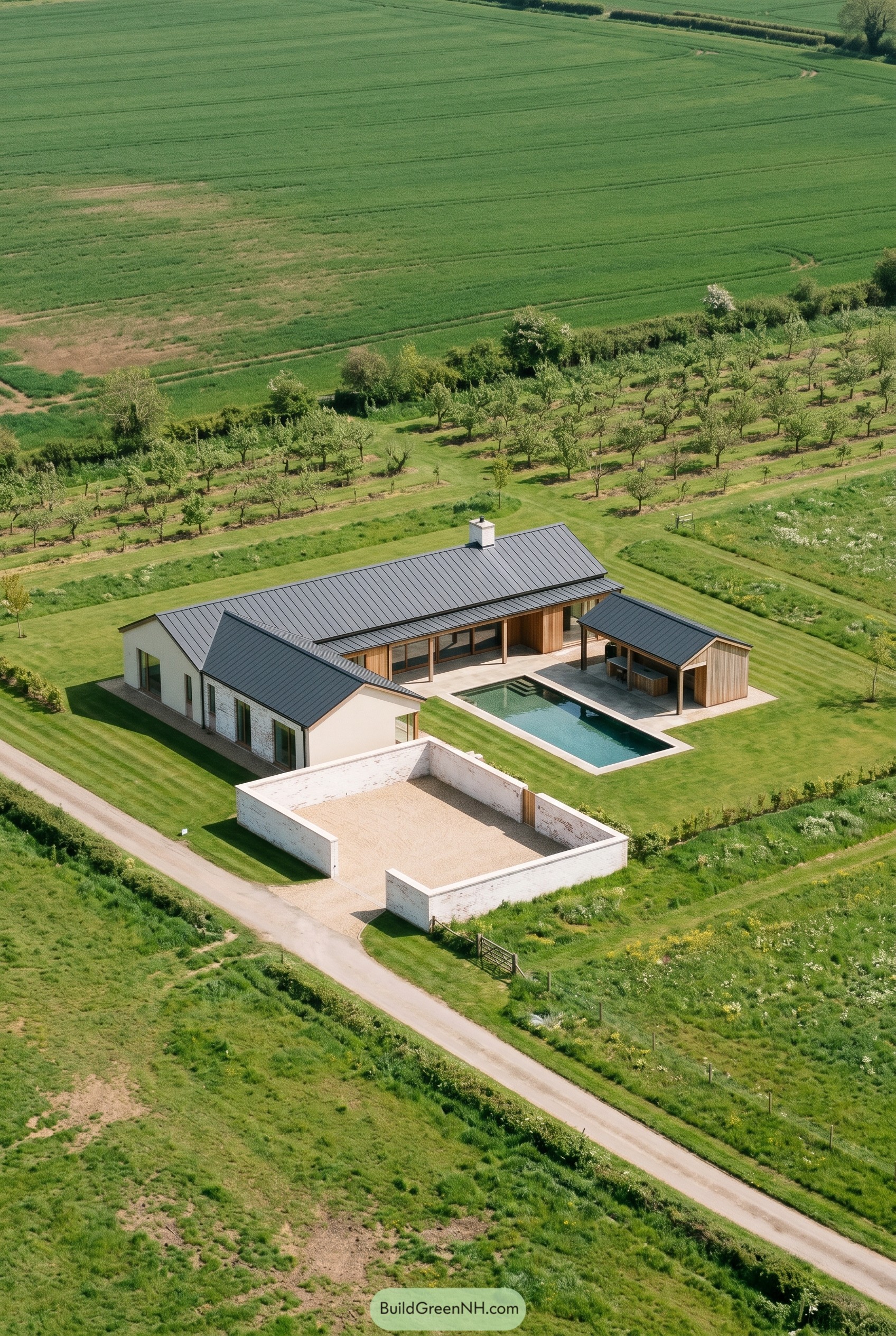 Aerial view of a modern single story house with a rectangular pool and covered pavilion in open farmland