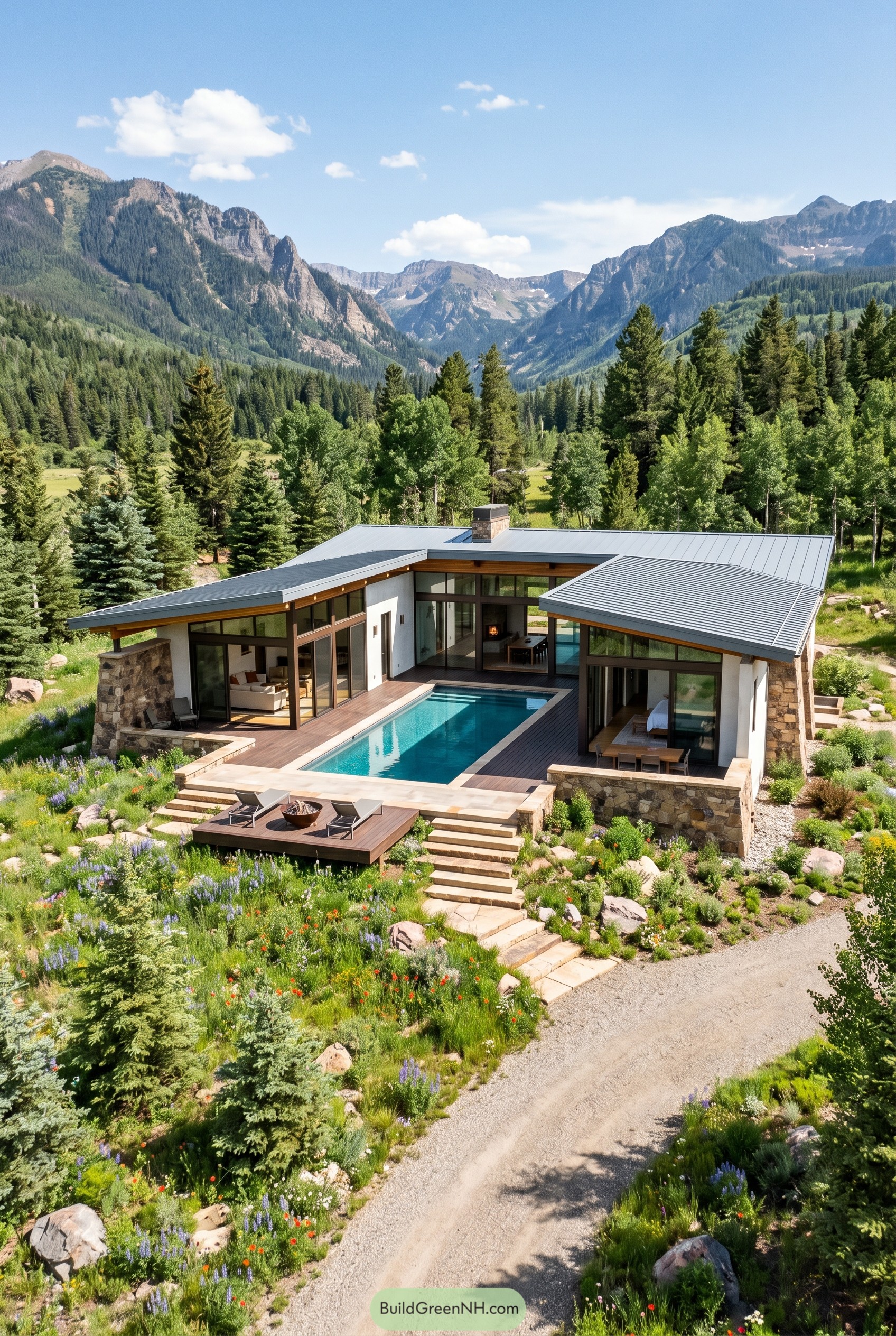 Single story modern home with central pool in a mountain meadow