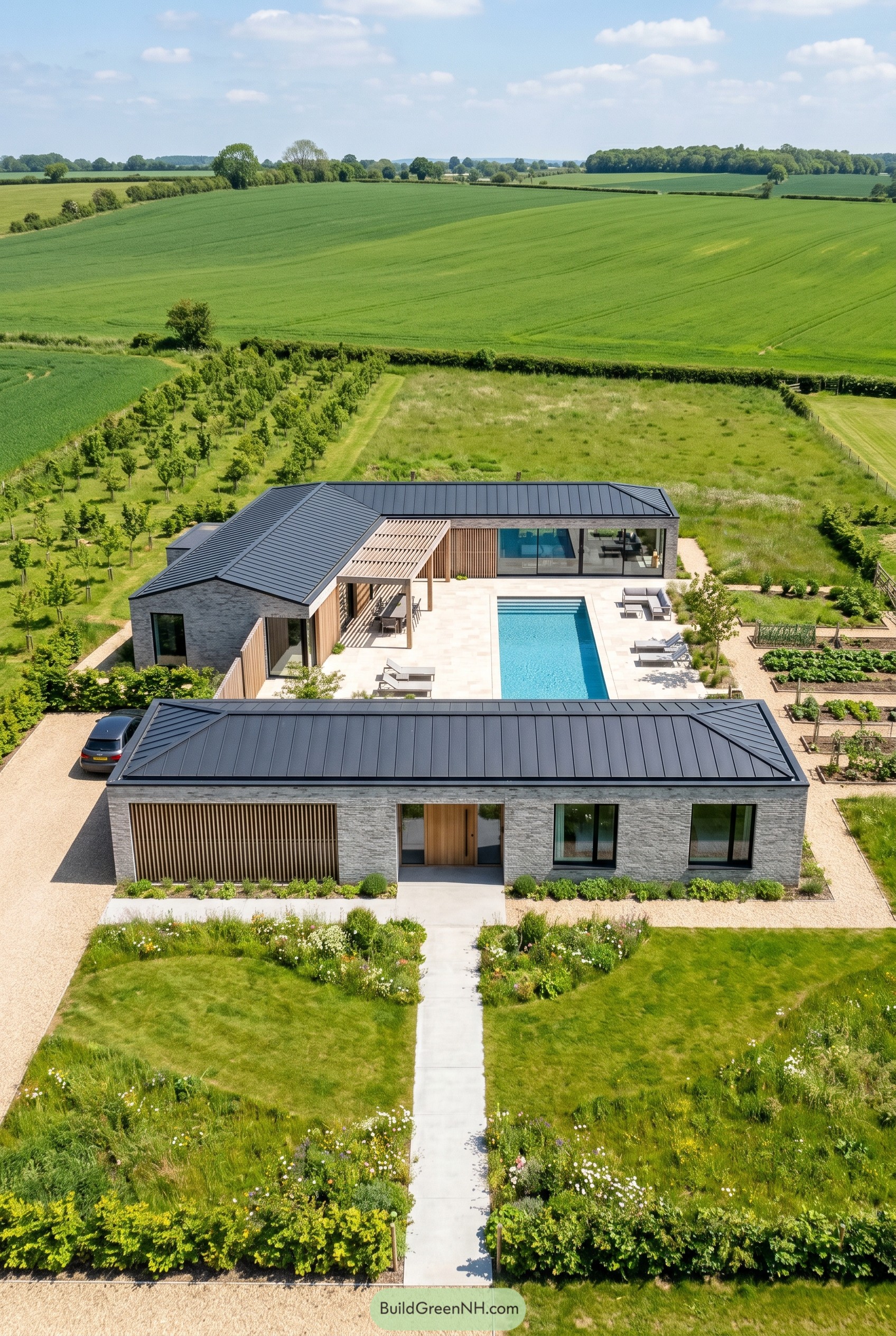 Single story modern house with courtyard pool in open fields
