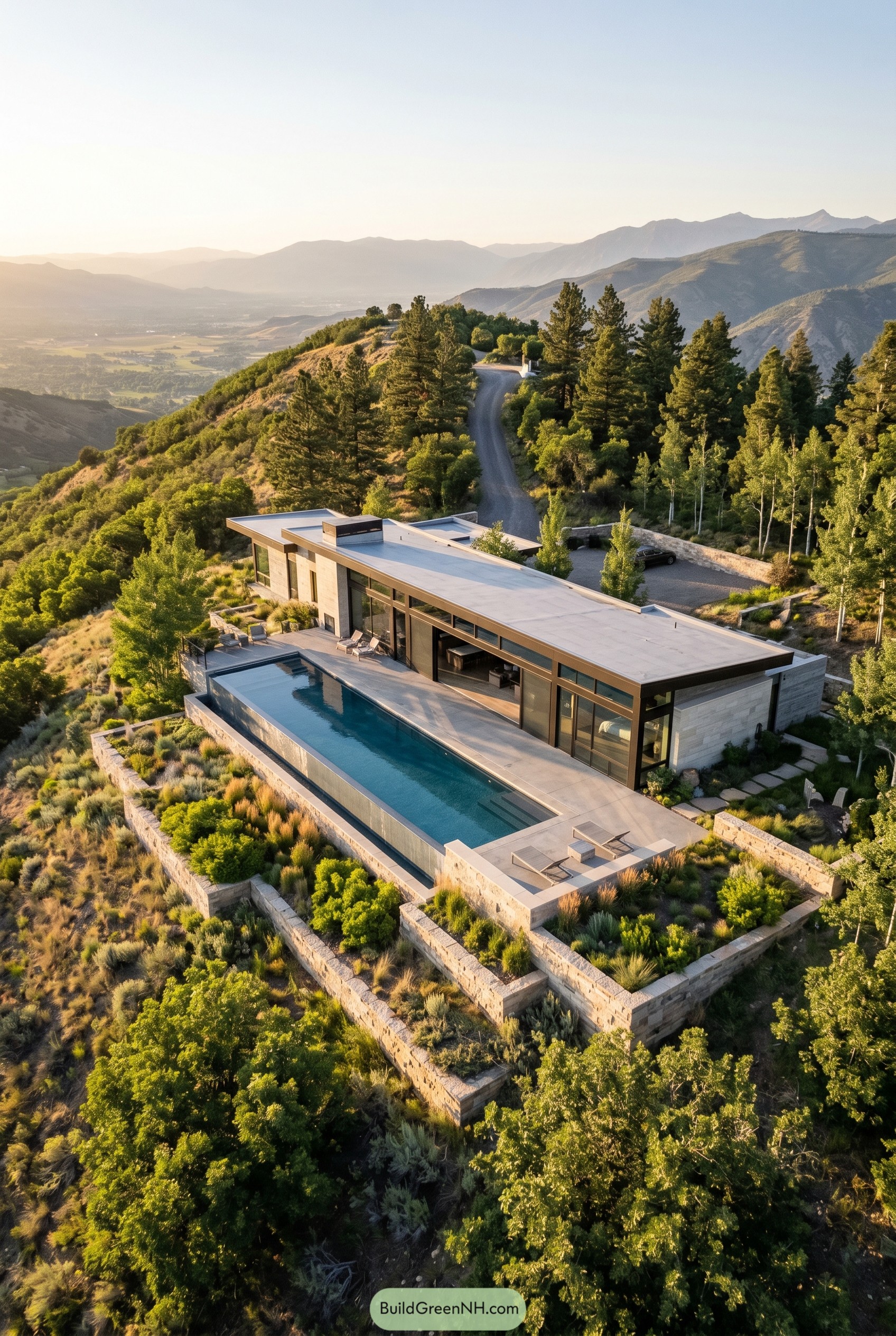 Single story hillside modern house with long pool