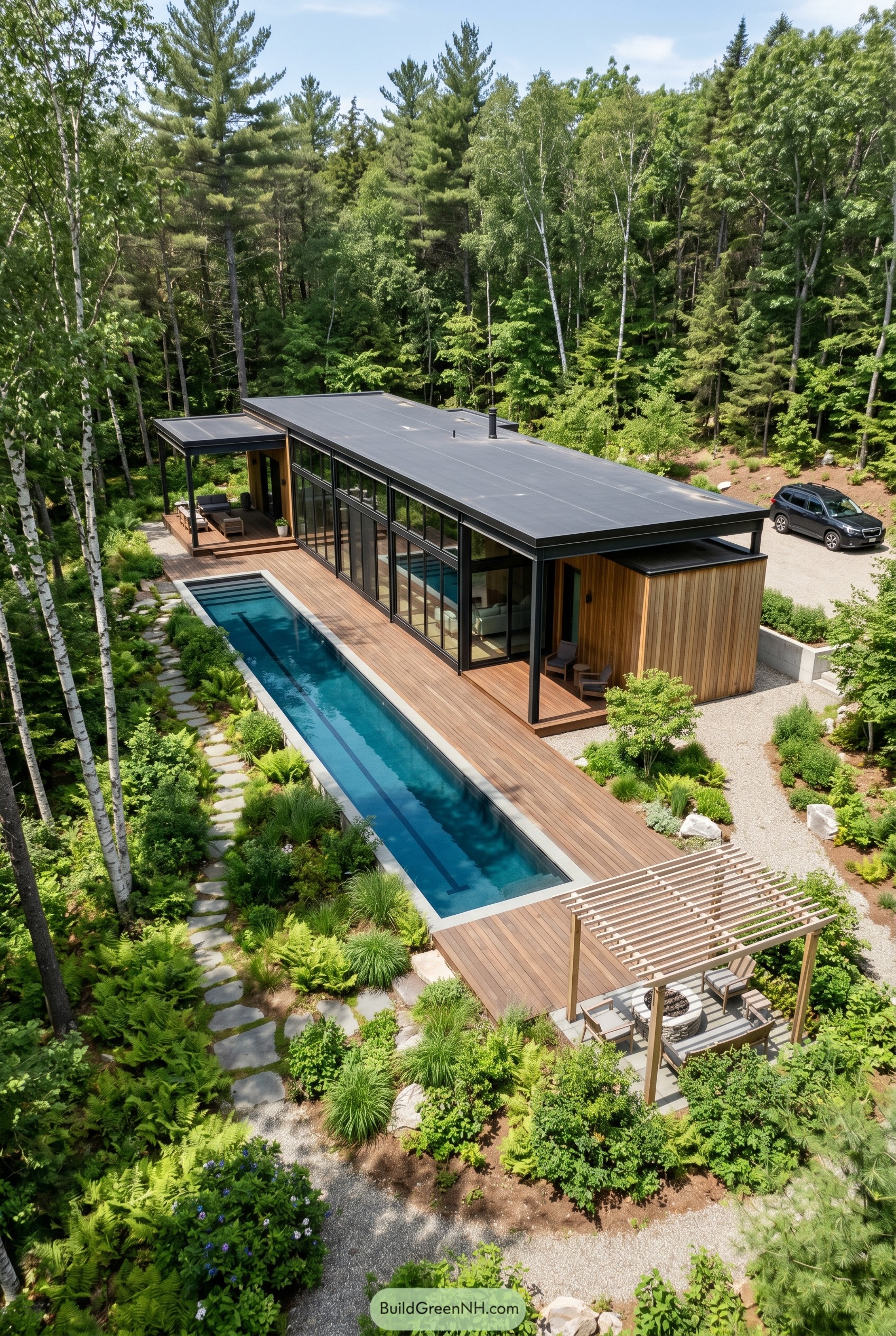 Modern single story house with forest lap pool