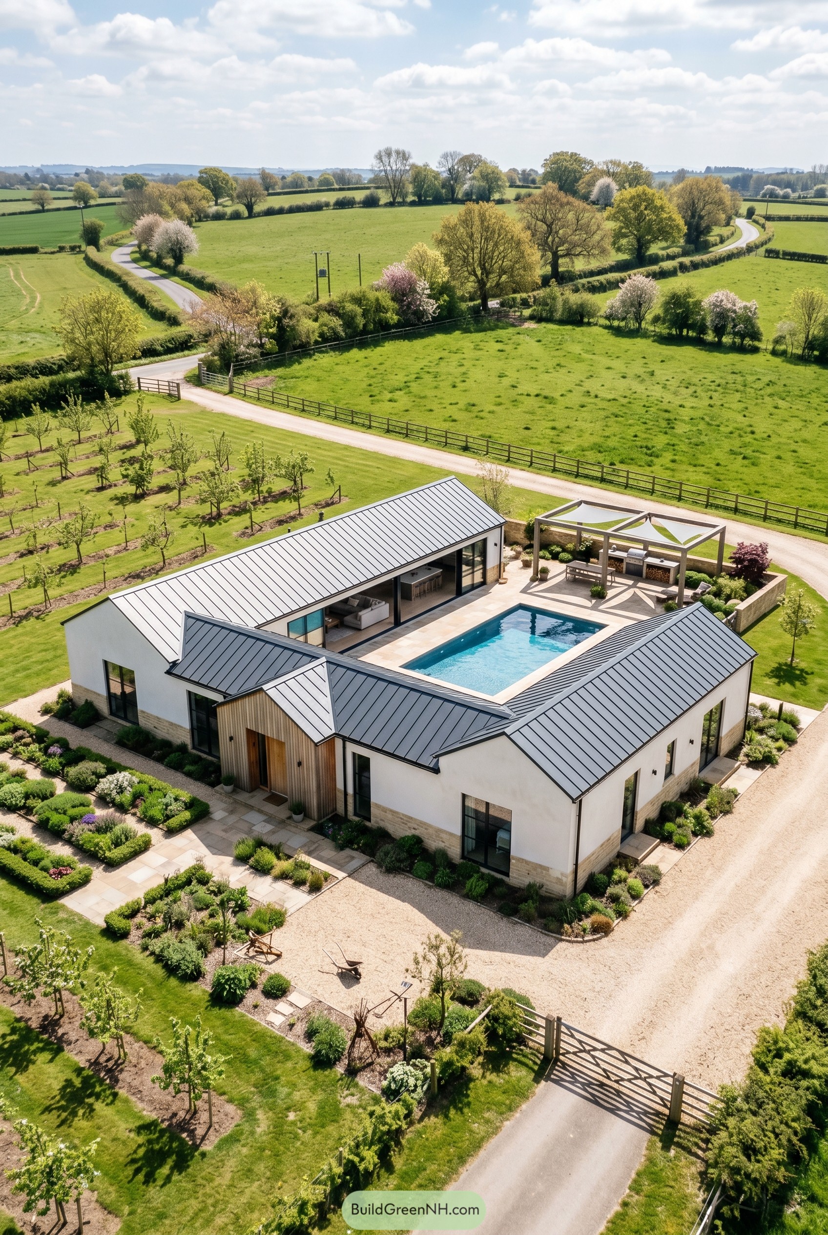 Single story modern house with courtyard pool in open countryside