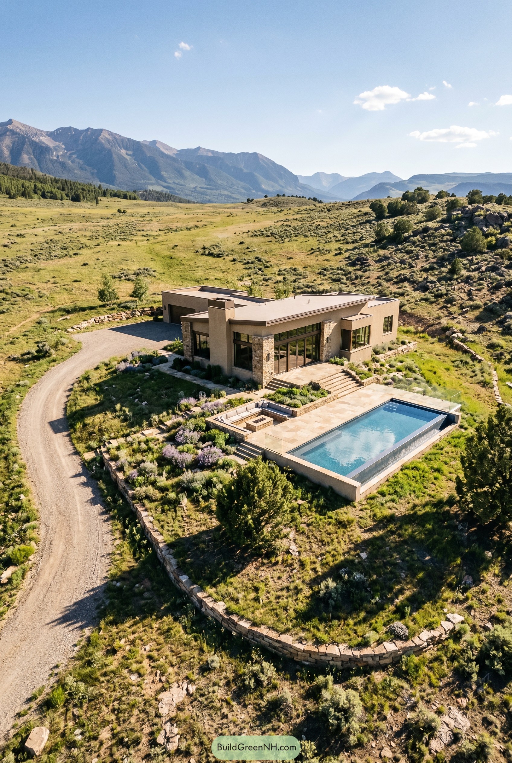 Single story modern home with infinity pool in a mountain valley
