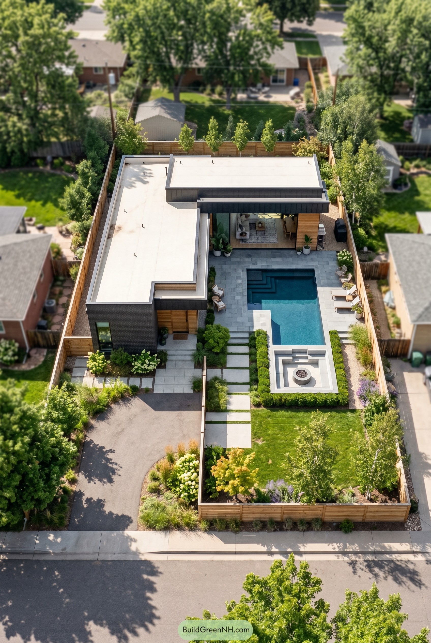 Aerial view of a modern single story home with a rectangular pool and sunken fire pit