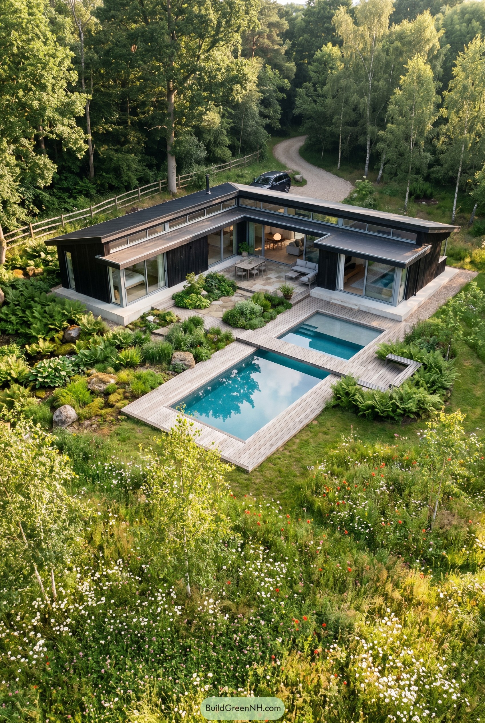 Single story black modern home with twin pools