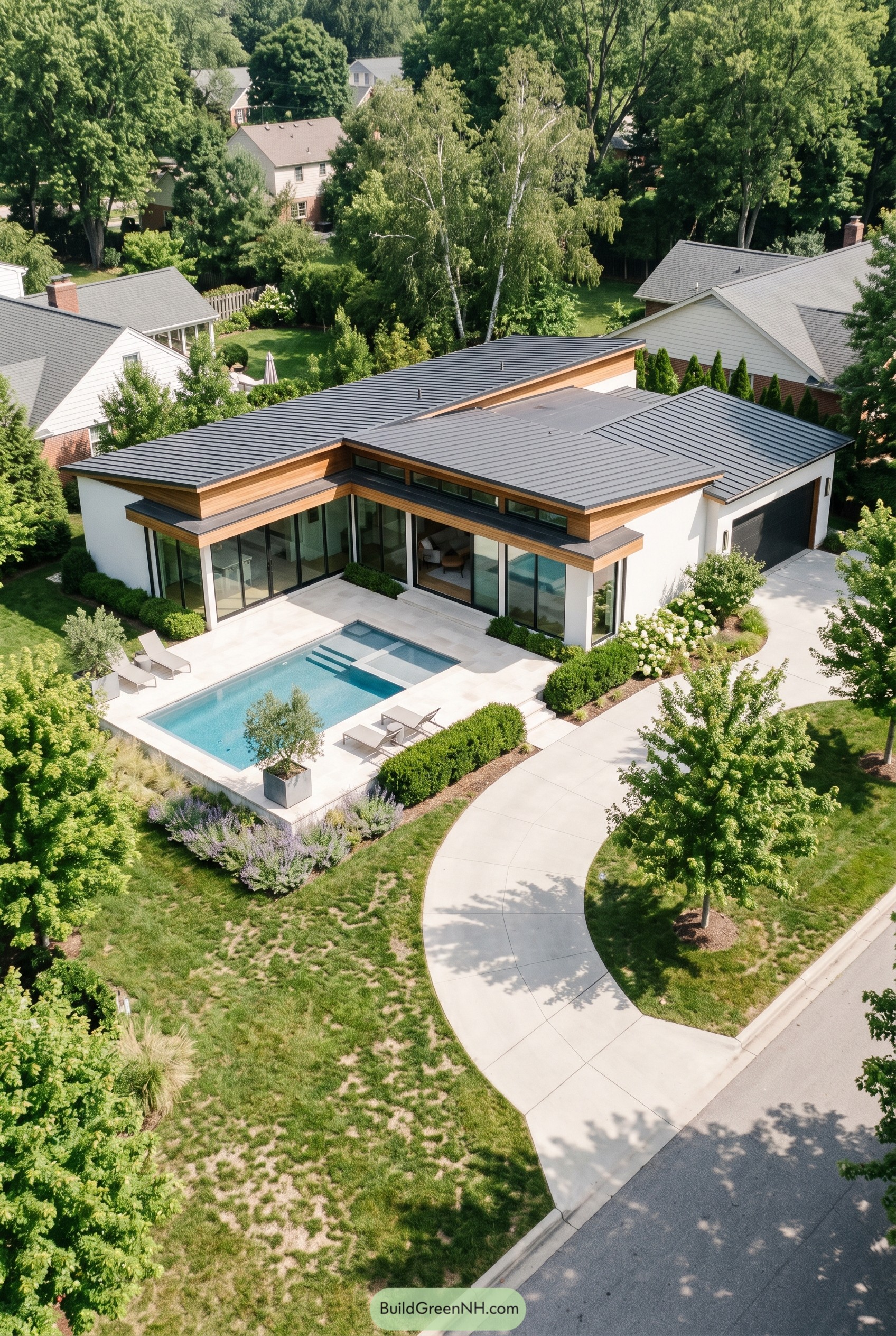 Single story modern home with a courtyard pool