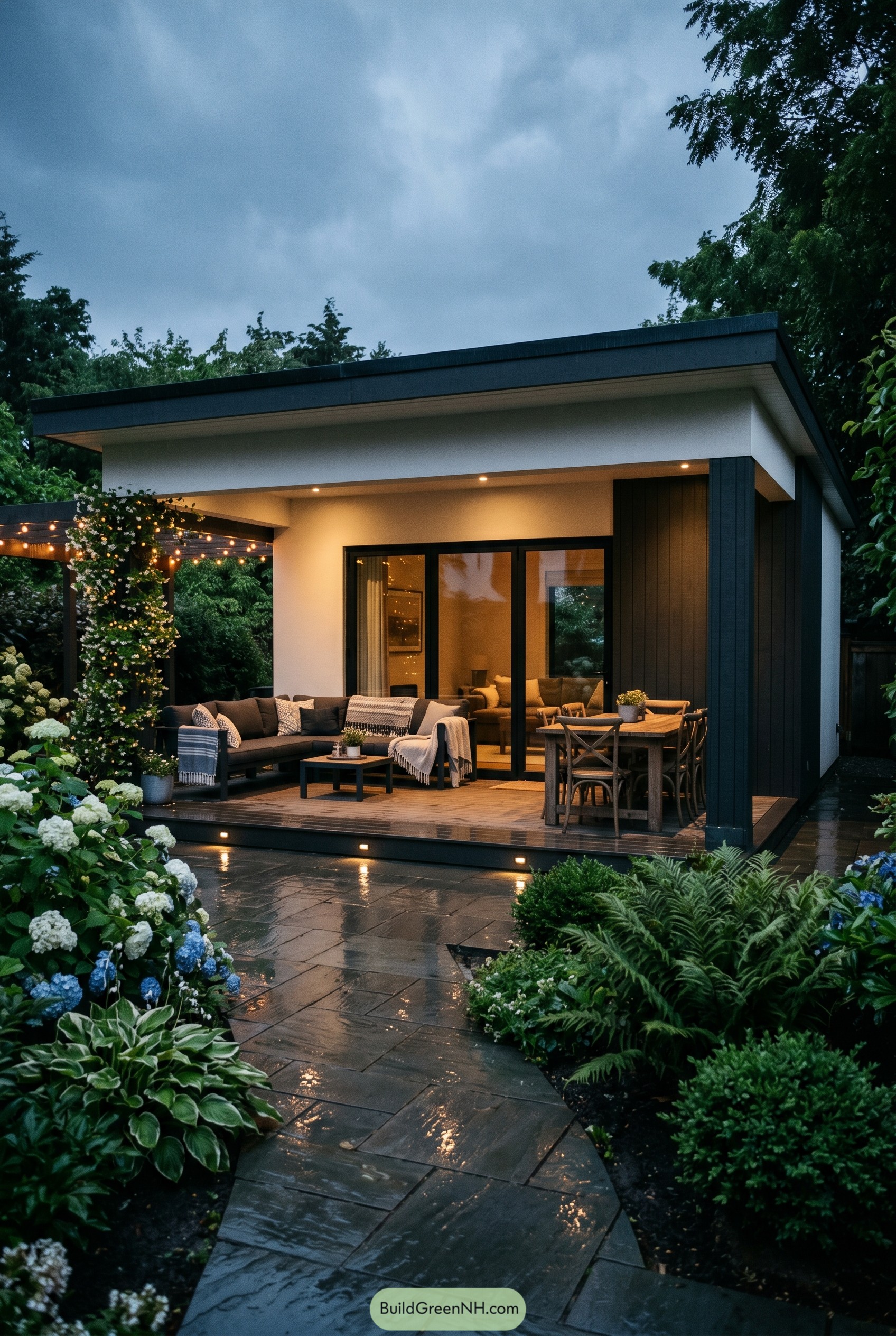 Modern garden summer house with covered deck