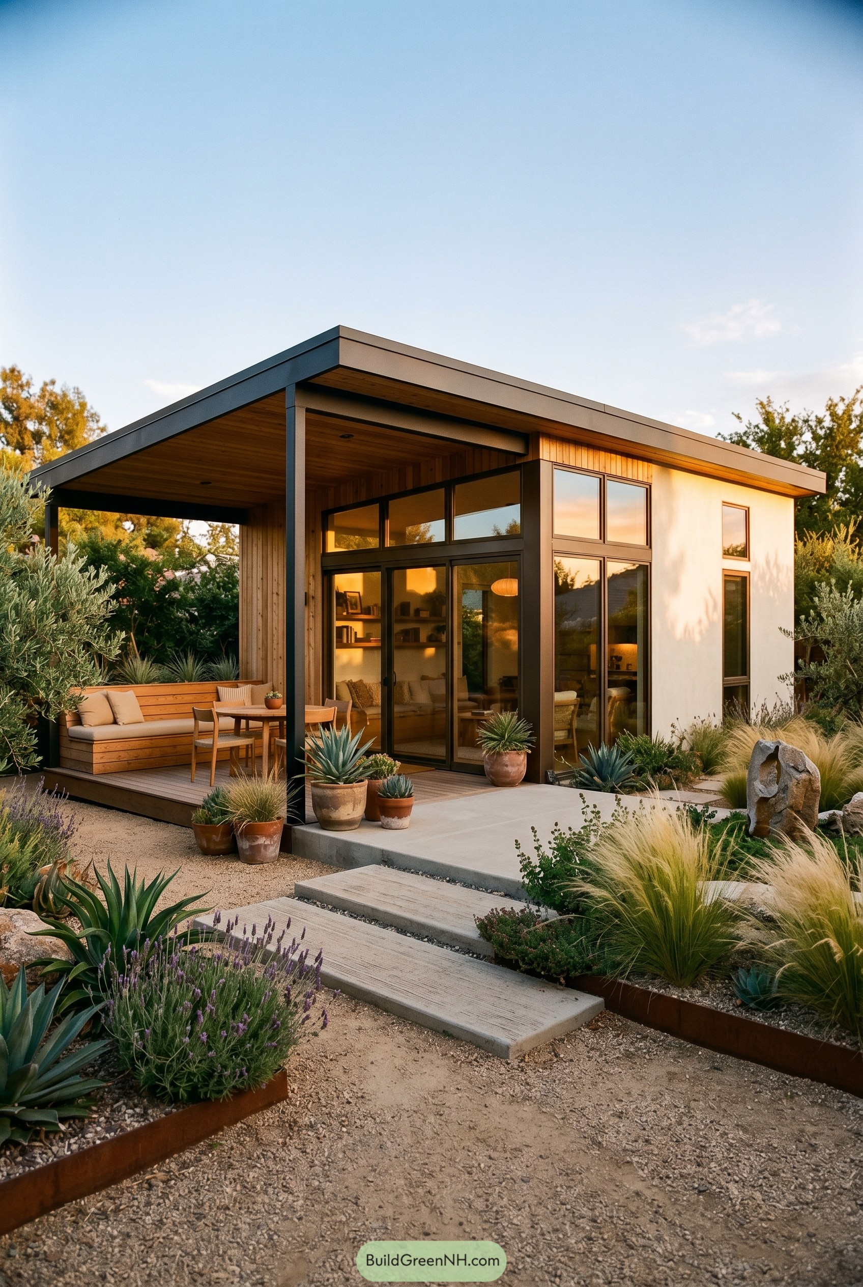 Modern backyard summer house with covered deck and succulents