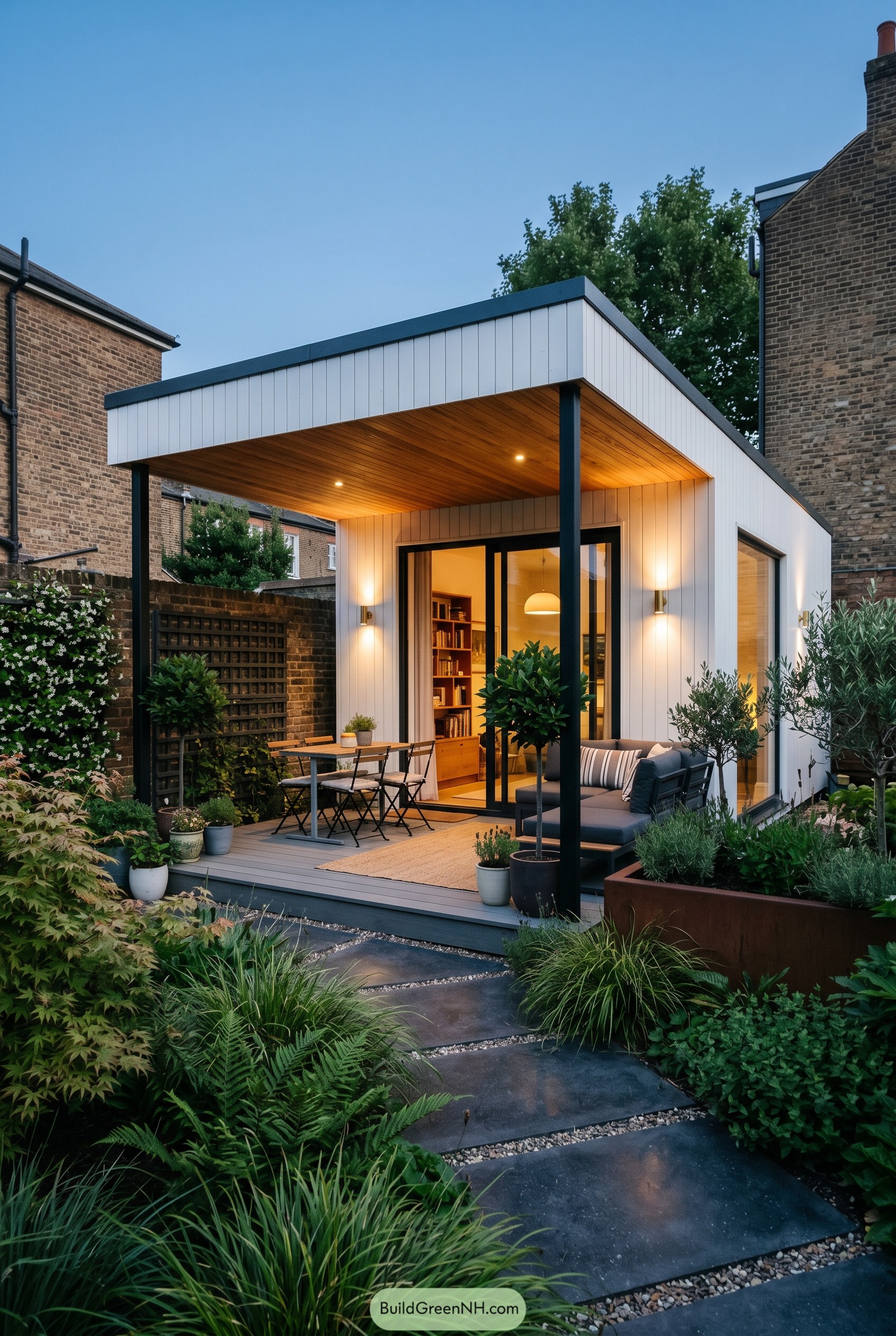 Modern white garden room with covered deck