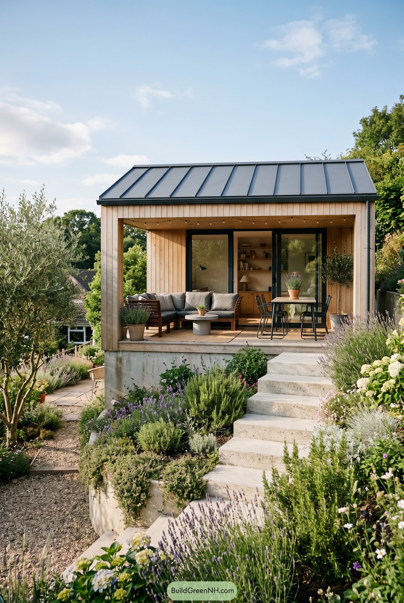 Small timber summer house with covered deck and garden steps