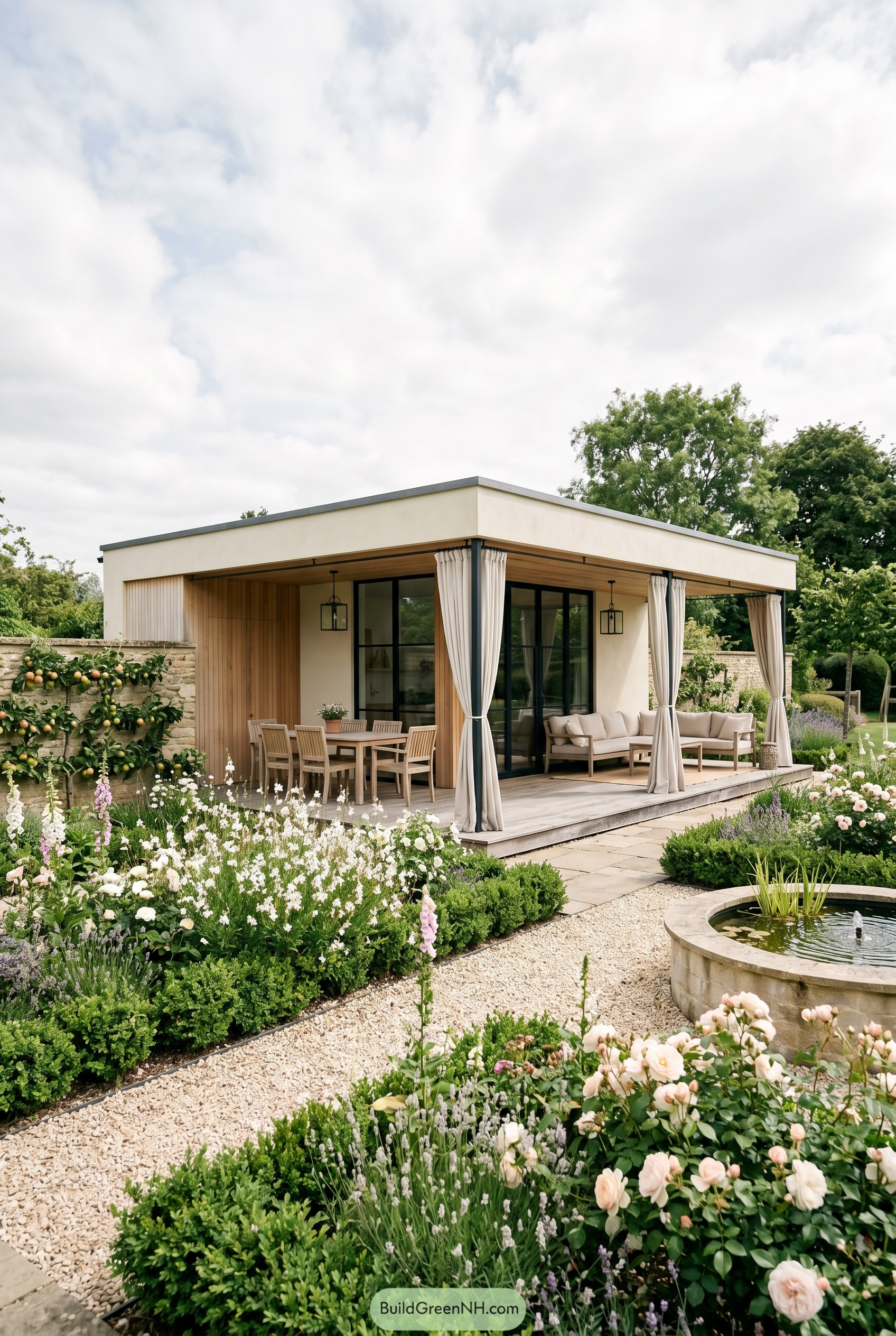 Modern garden house with covered deck and fountain