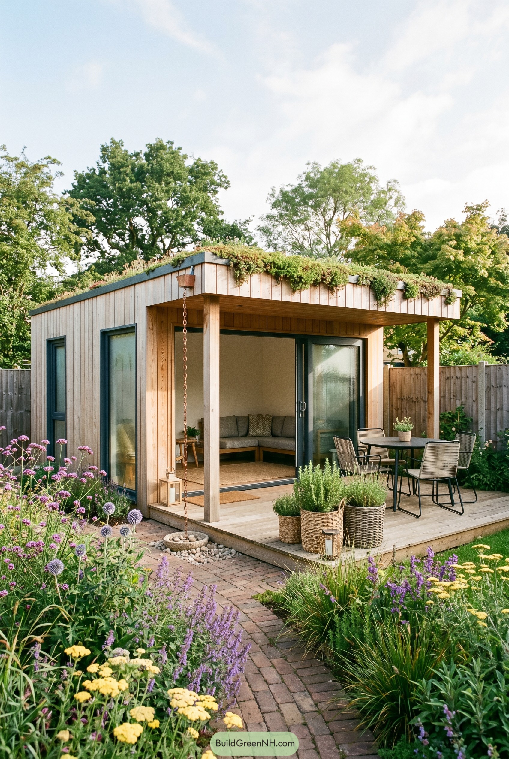 Timber summer house with green roof and covered deck