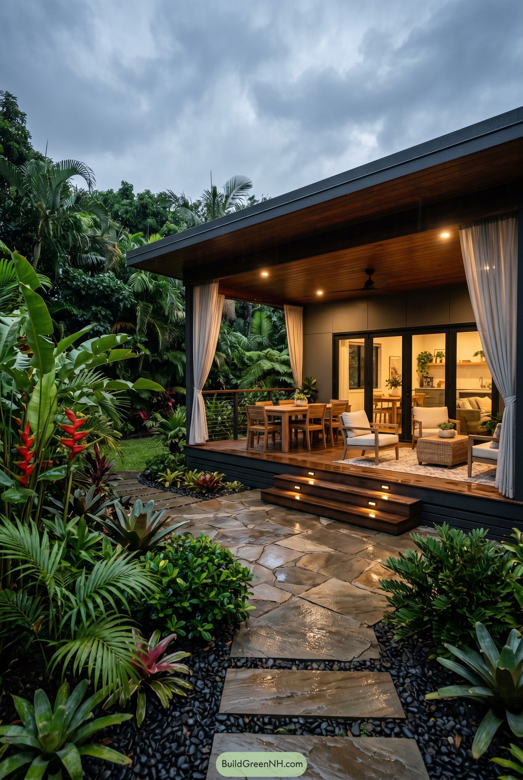 Modern tropical summer house with covered deck in lush garden