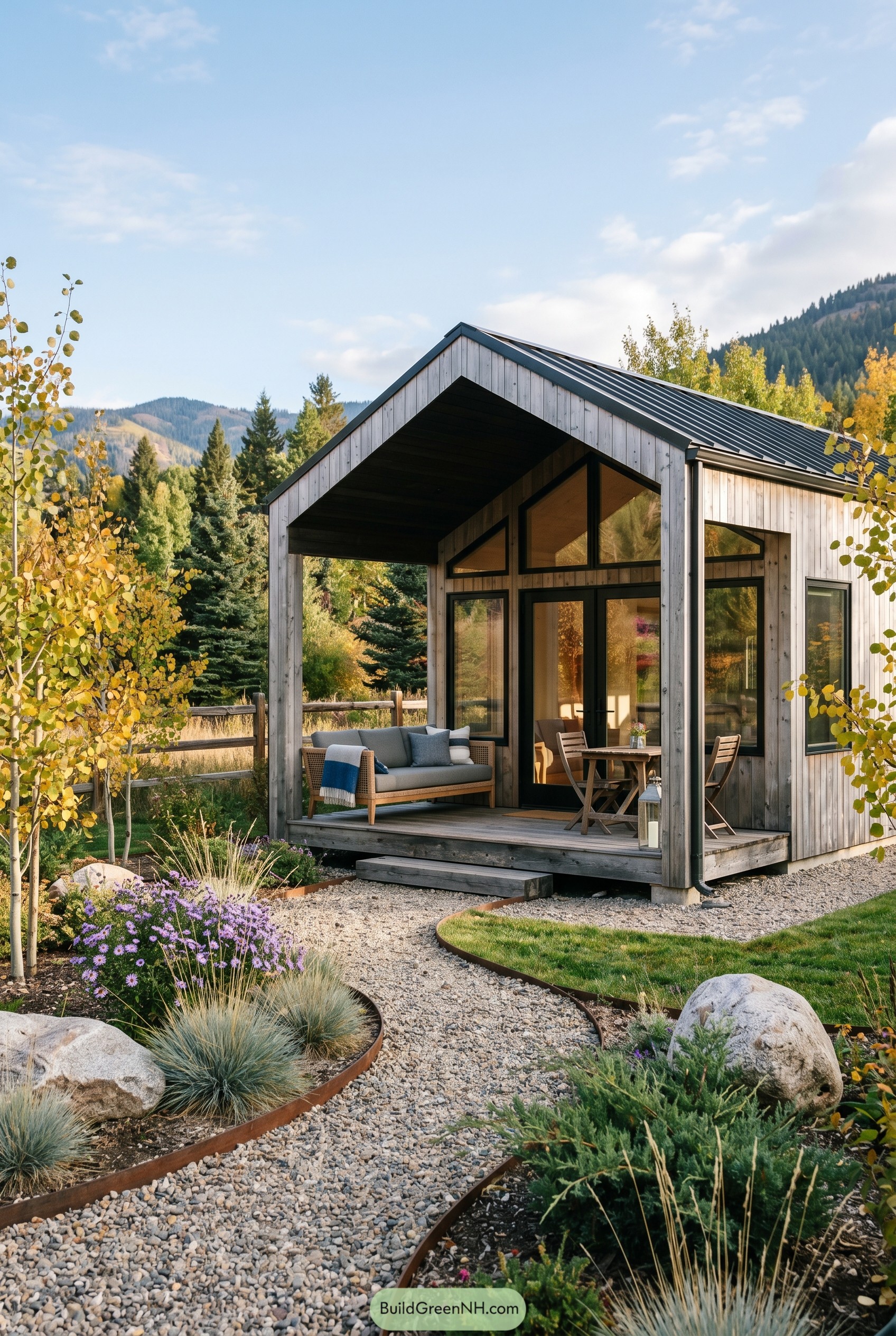 Small wood summer house with covered deck and gravel garden path