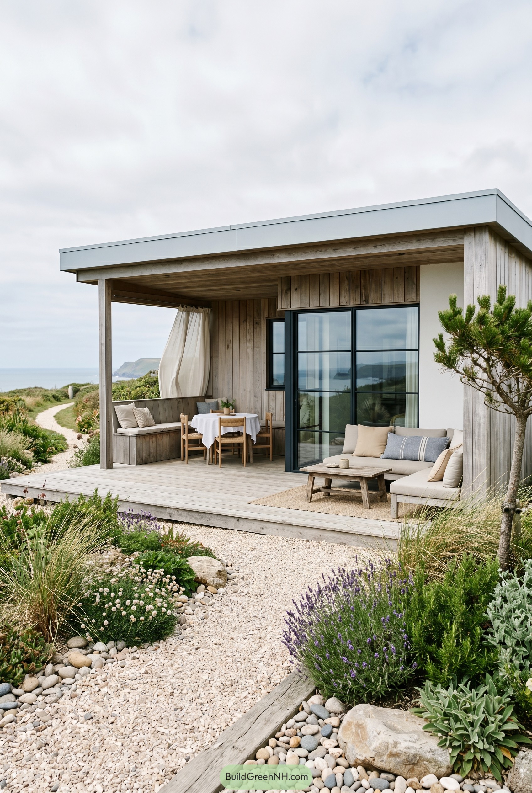 Modern coastal summer house with covered deck and gravel garden