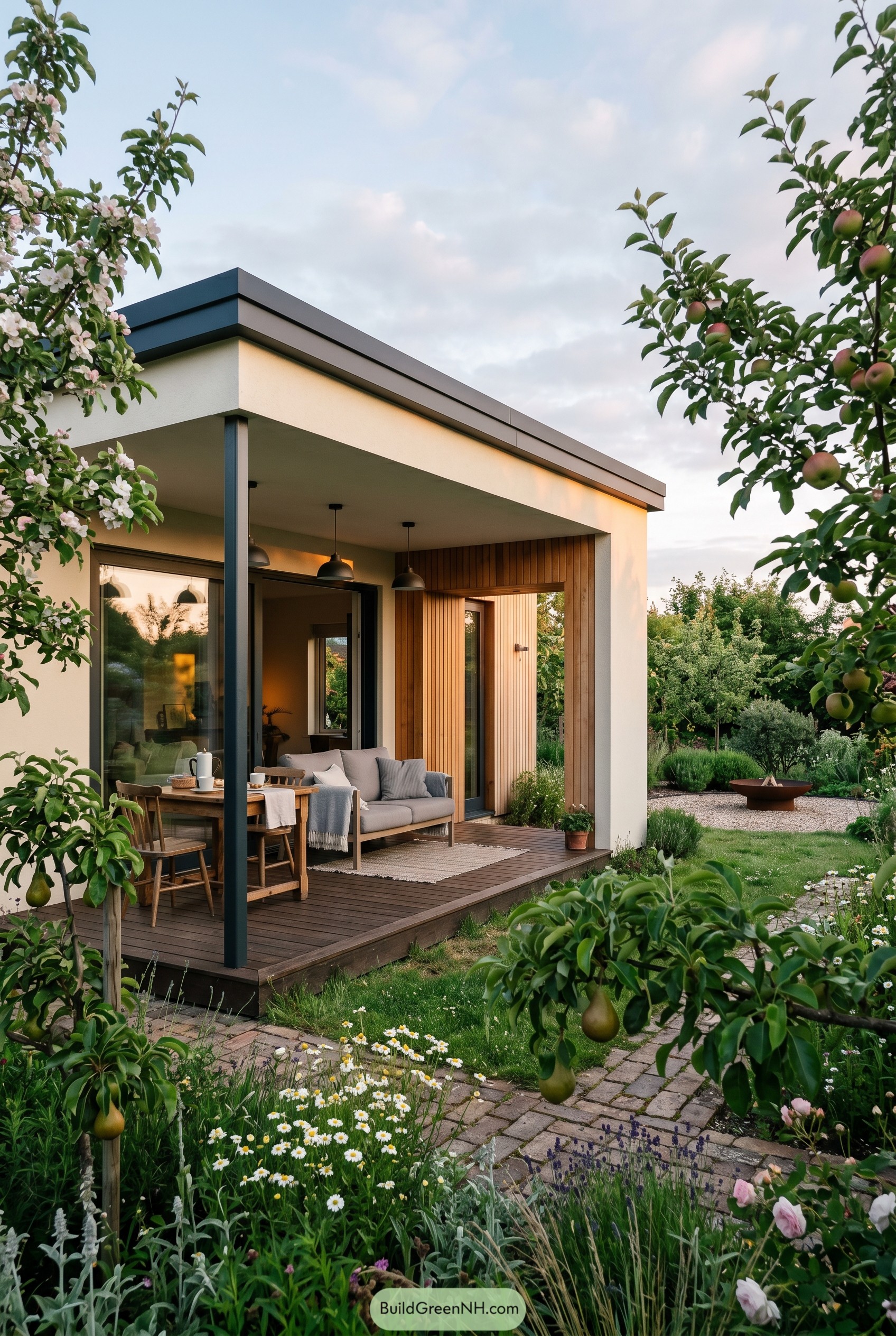 Modern summer house with covered deck in a fruit garden