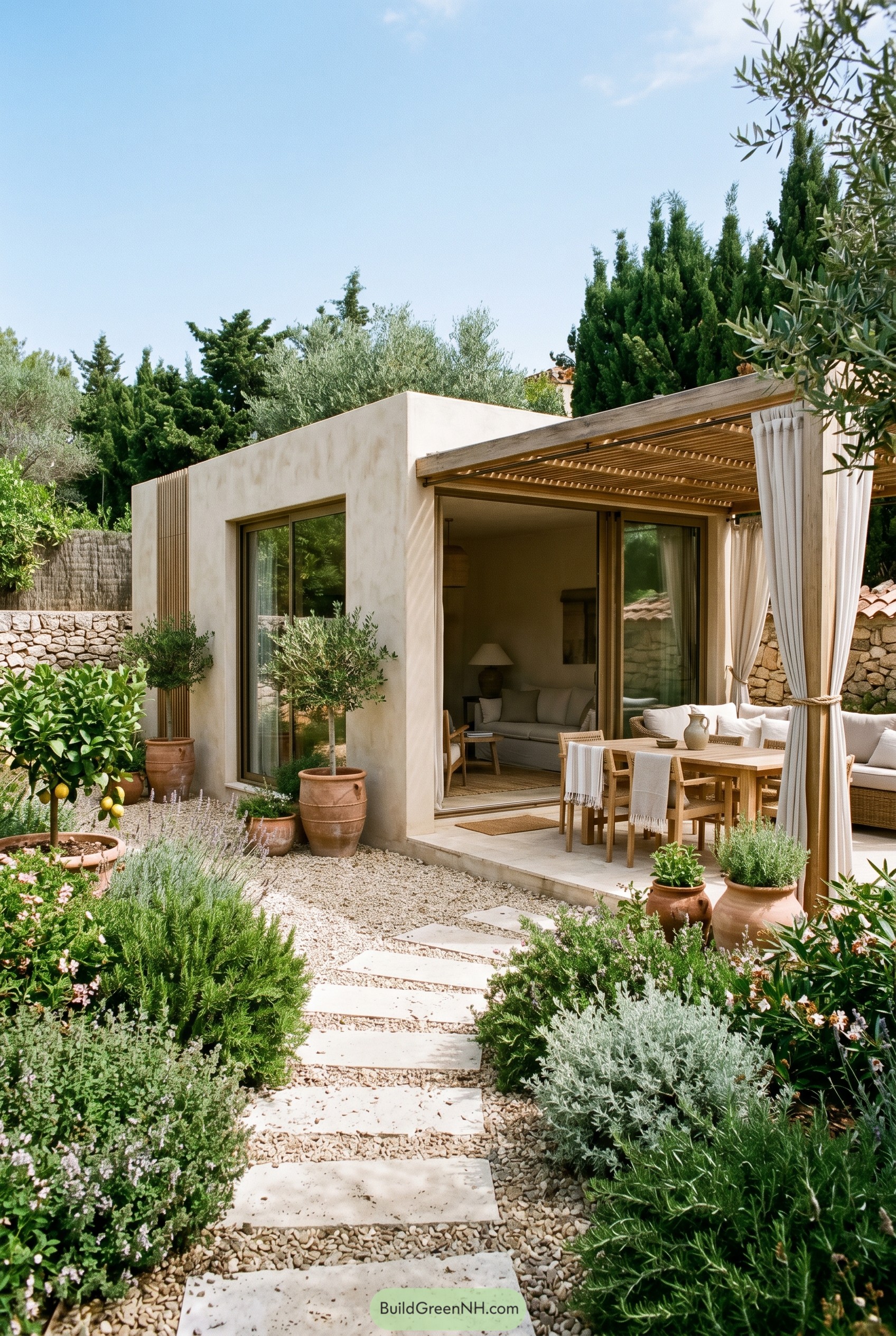 Small stucco garden house with pergola deck