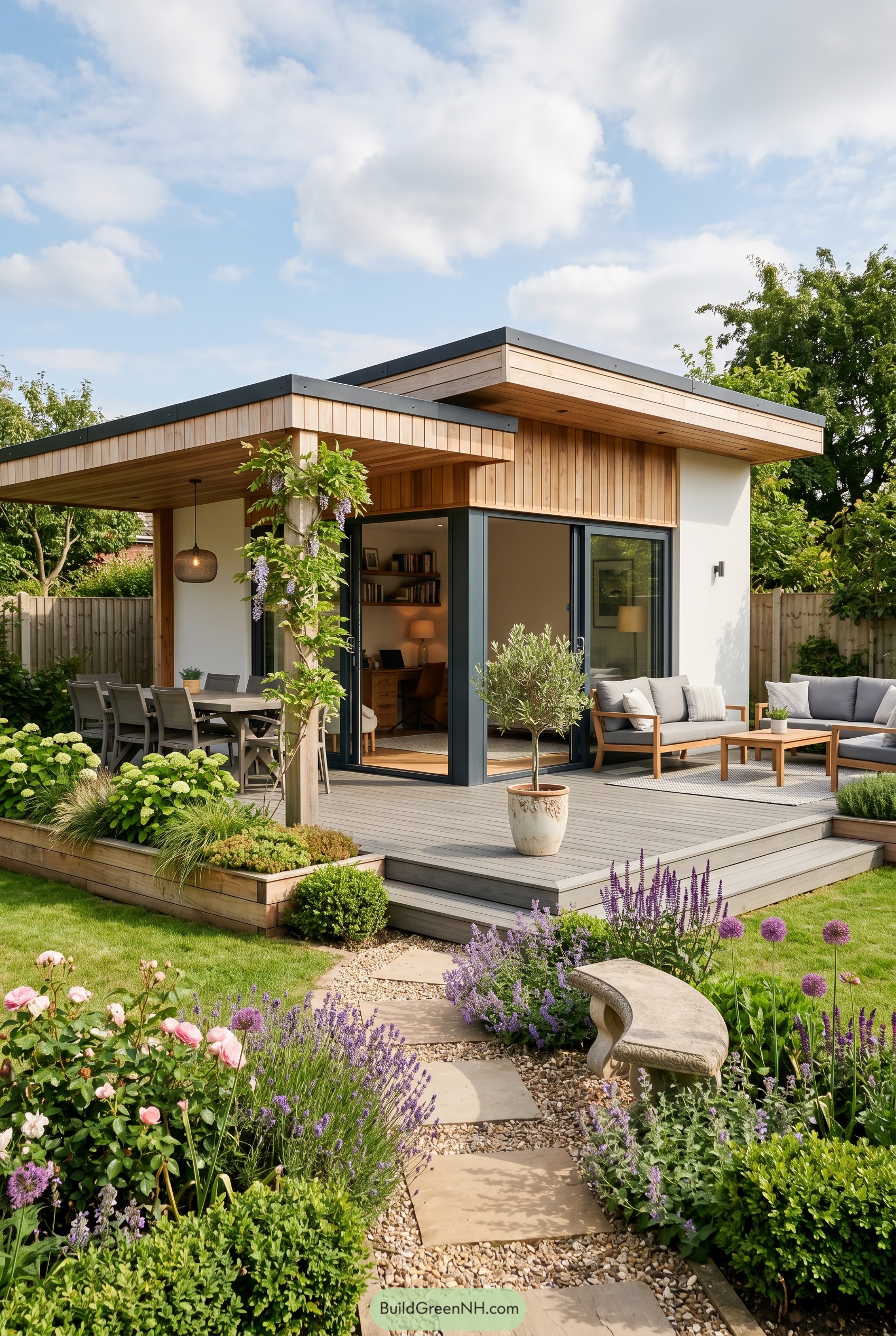 Modern summer house with covered deck and lush garden
