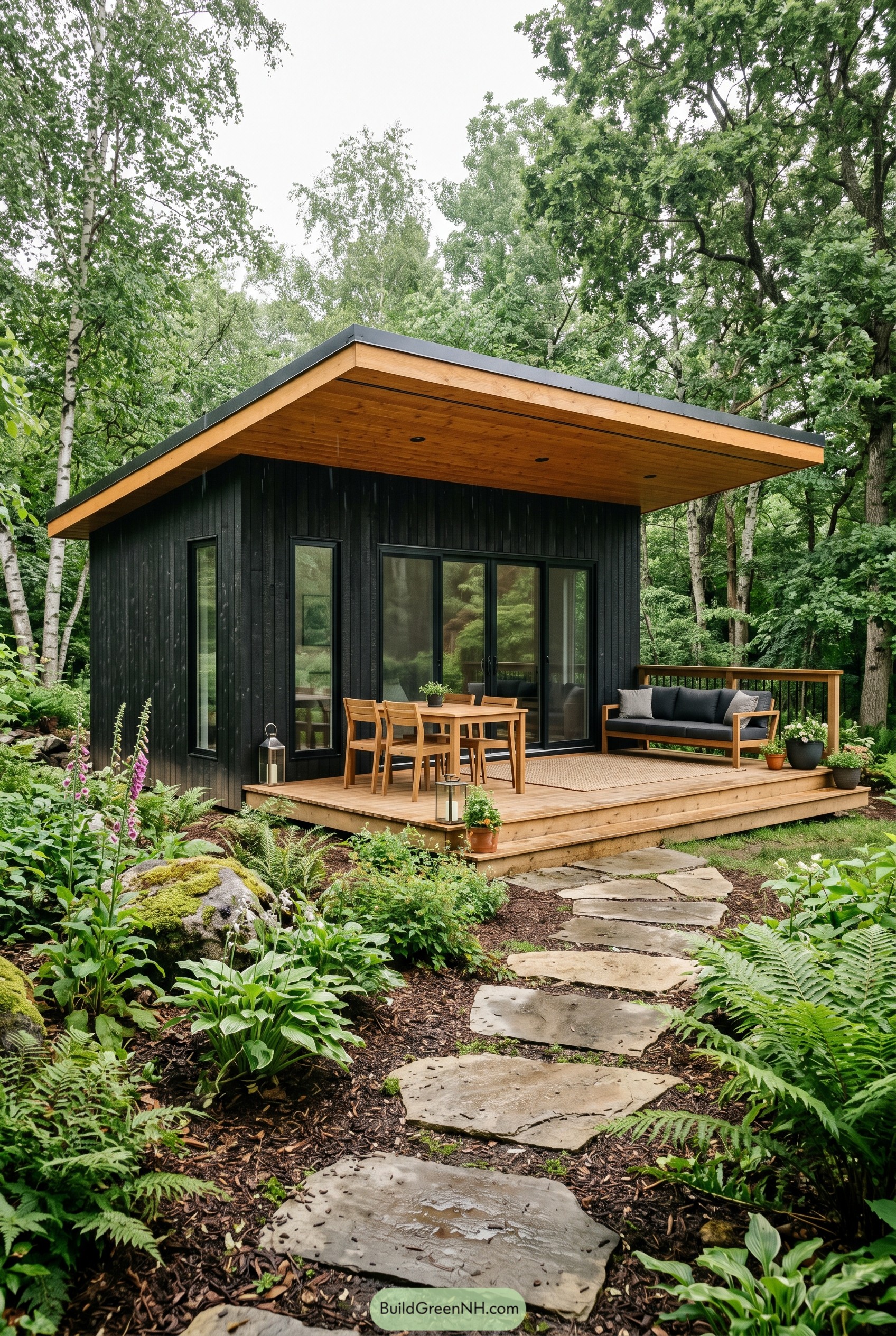 Black modern garden cabin with covered deck