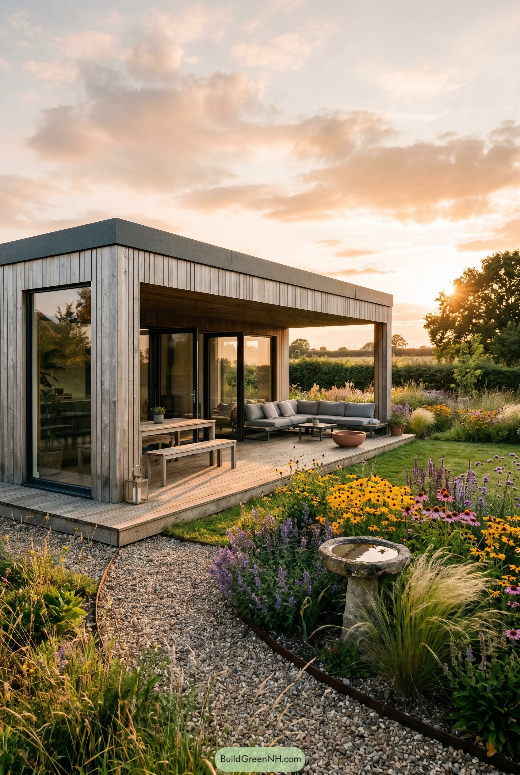 Modern timber summer house with covered deck and wildflower garden