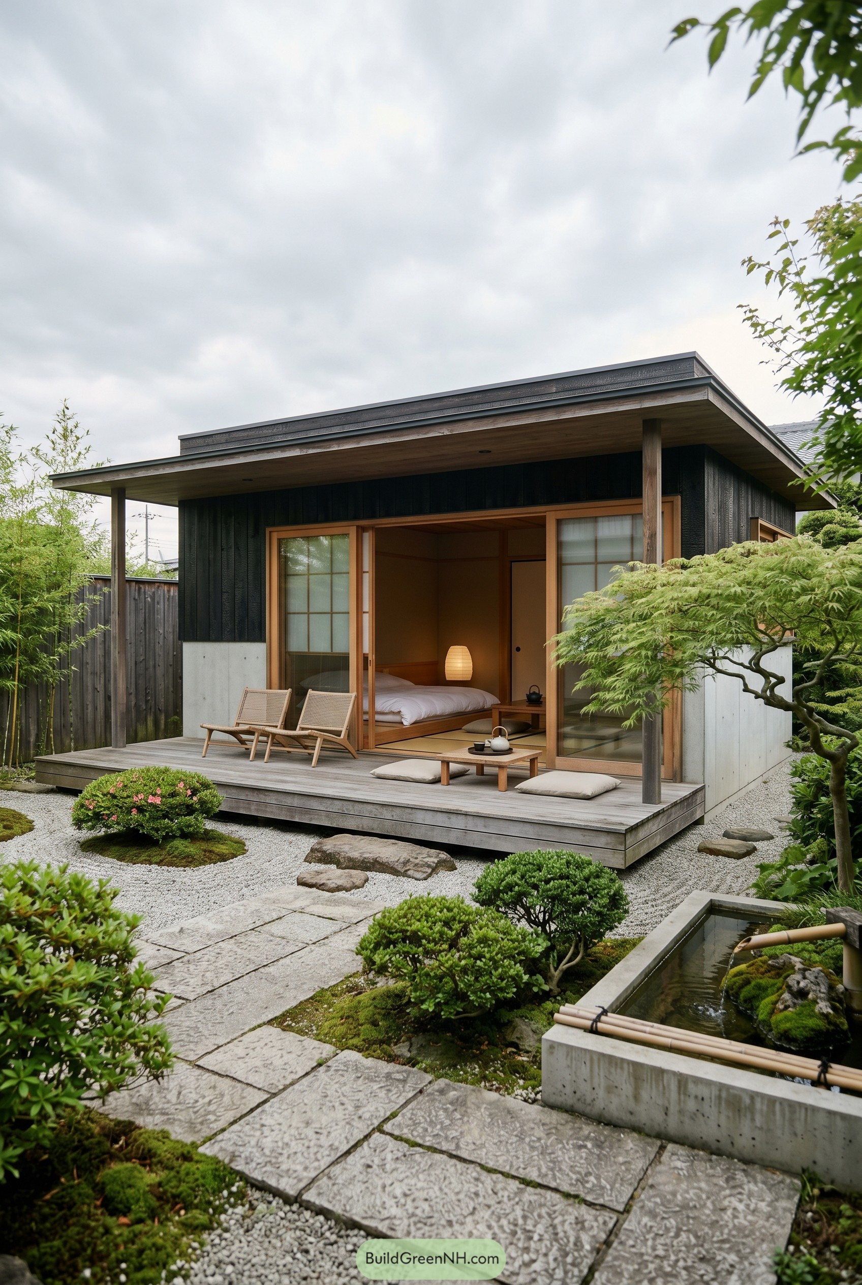 Japanese style summer house with covered deck and zen garden