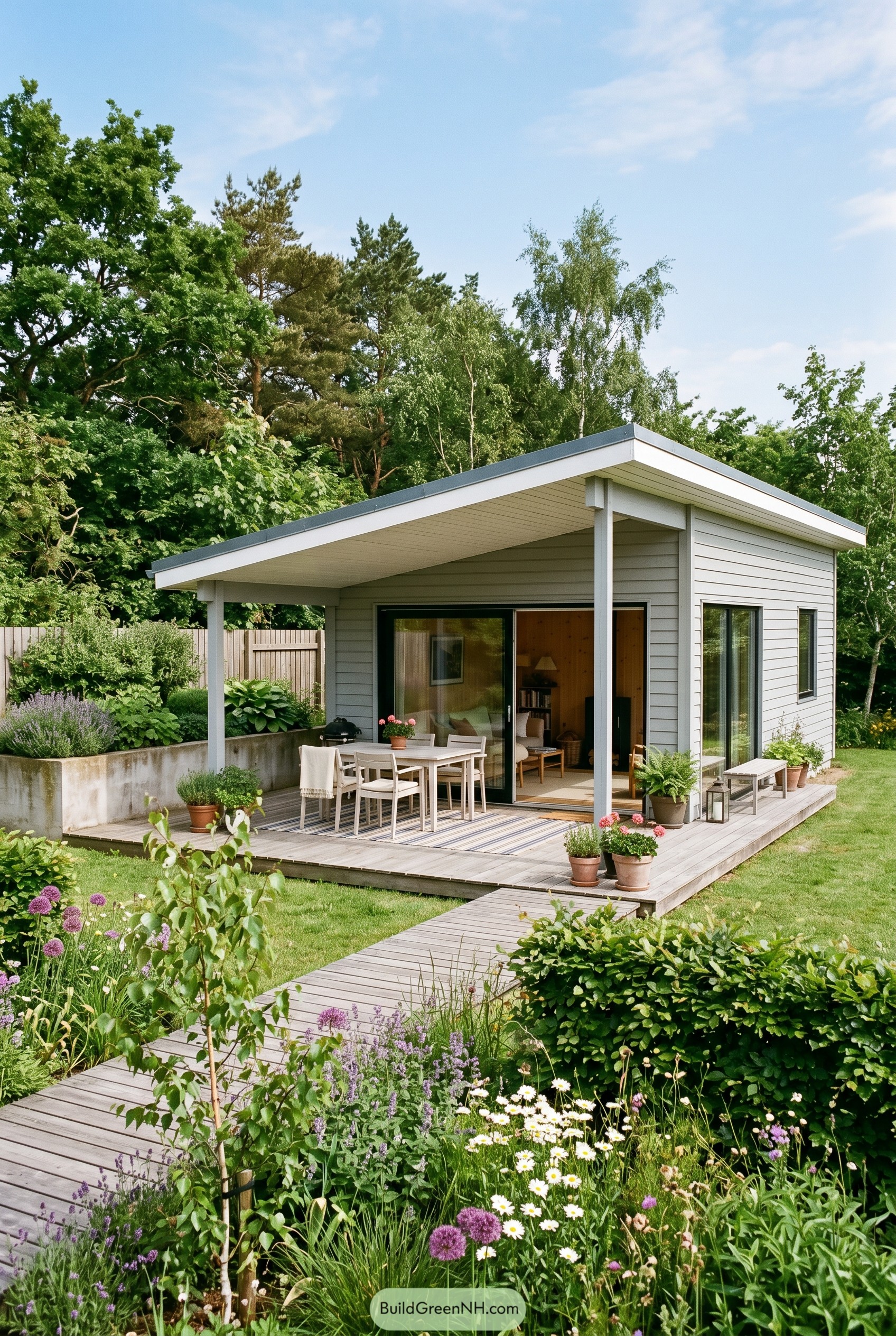 Modern gray summer house with covered deck