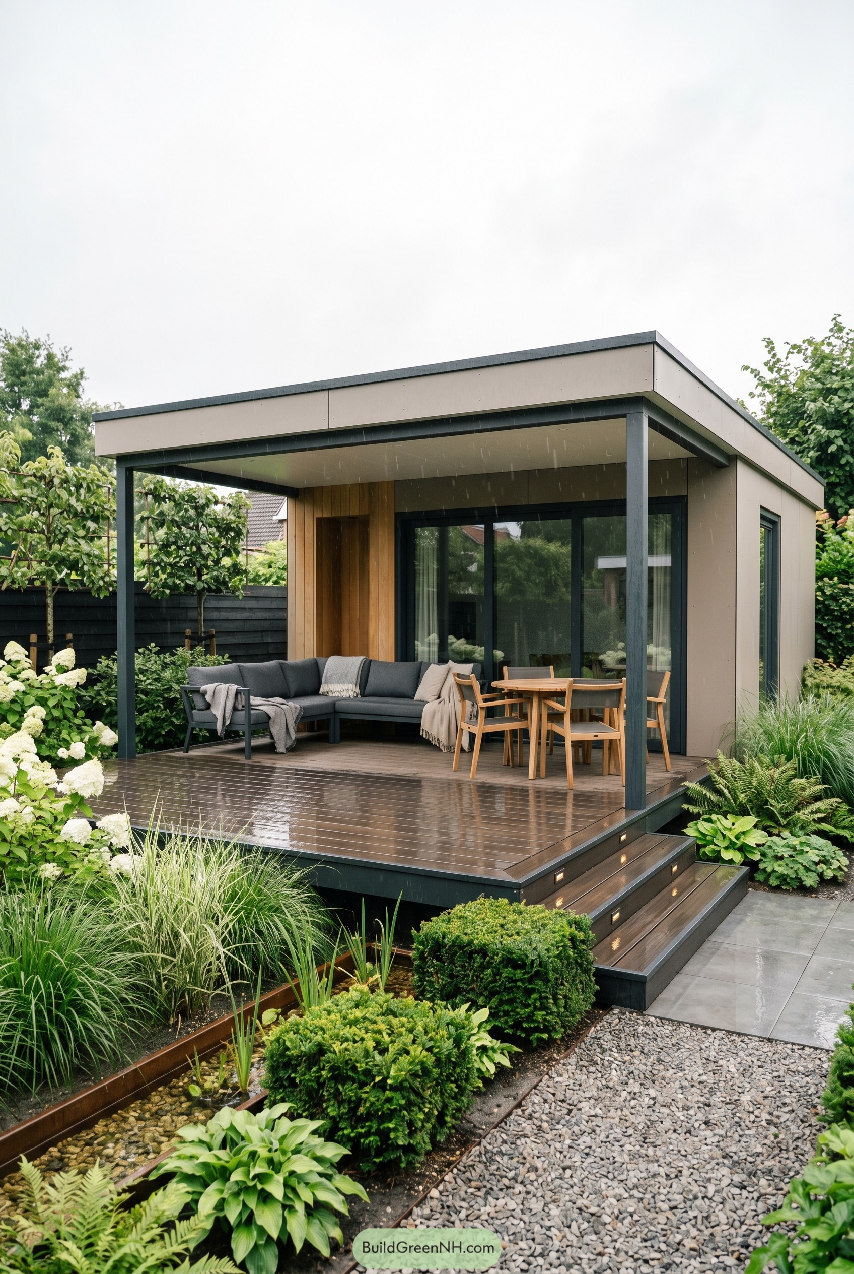 Modern summer house with covered deck
