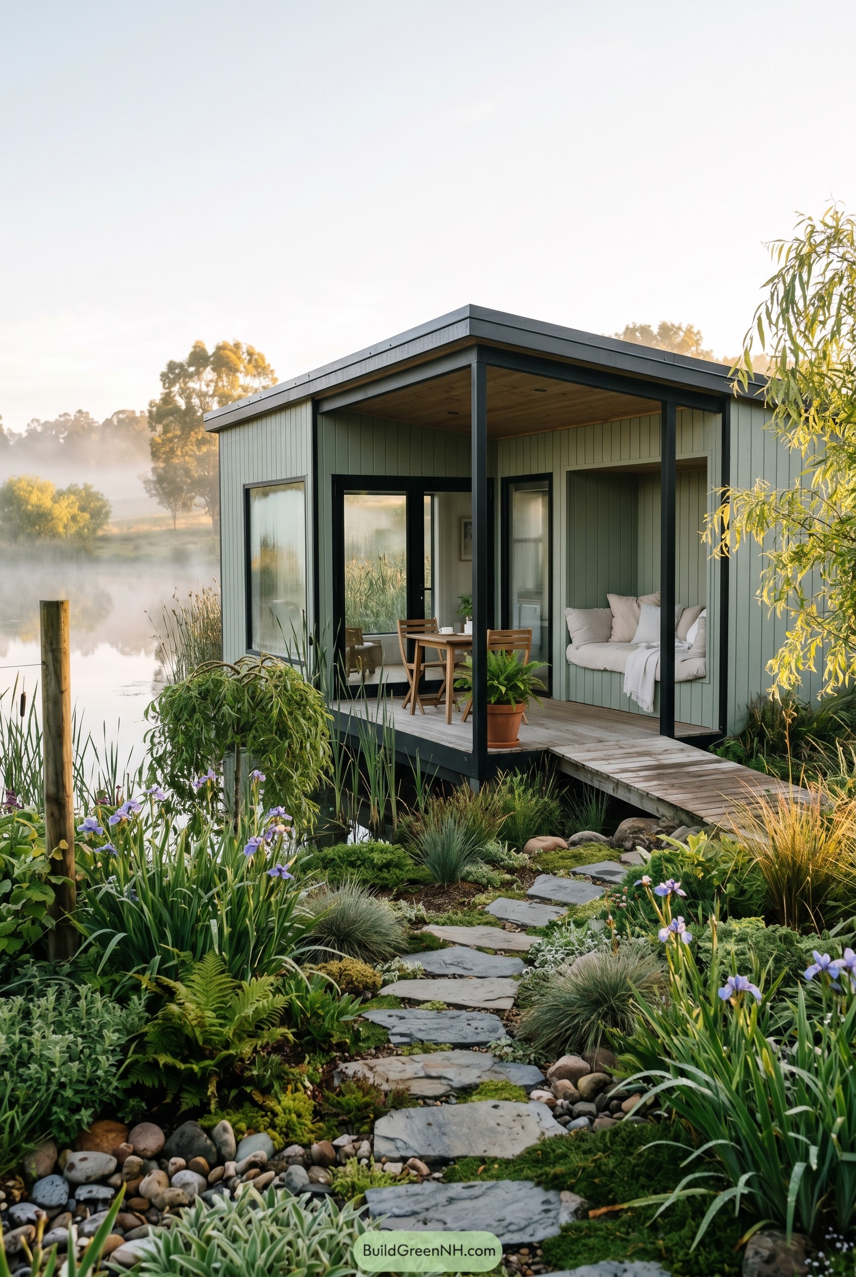 Small sage green summer house by pond
