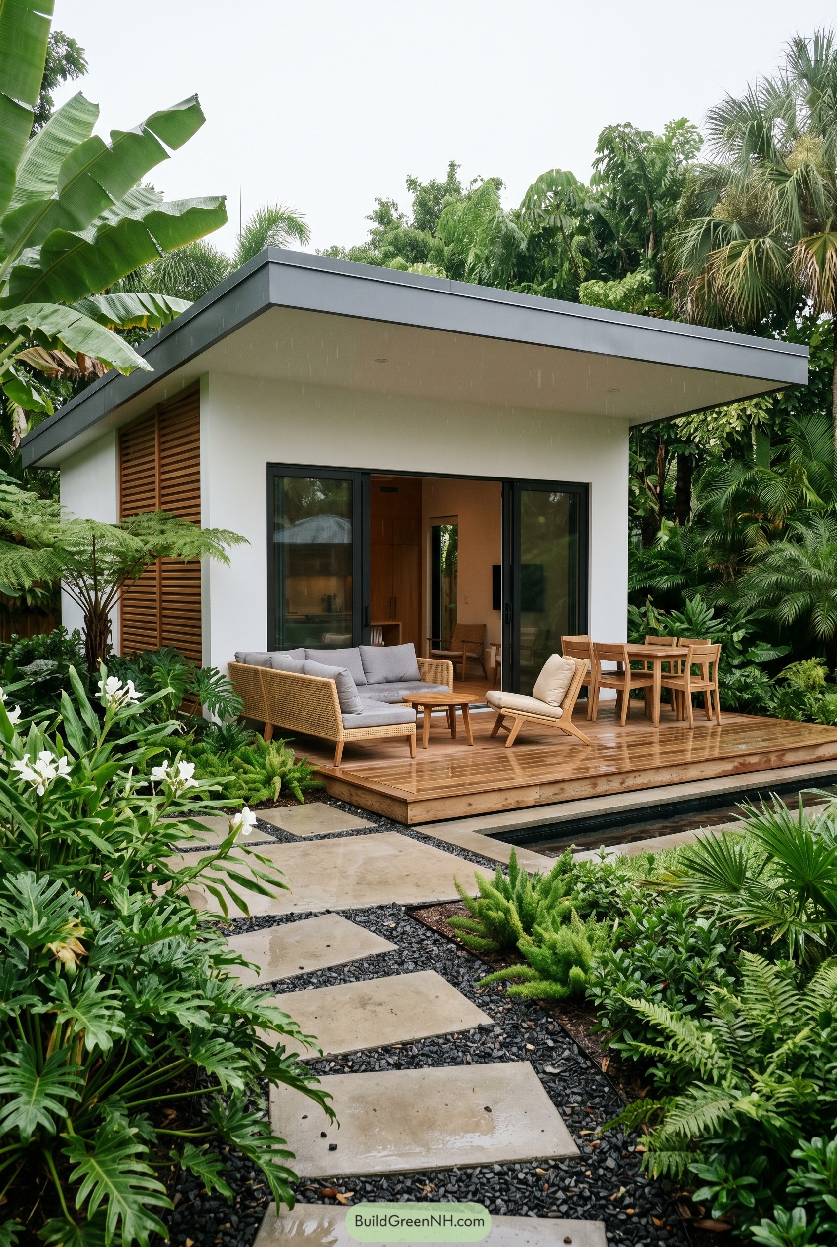 Modern summer house with covered deck in tropical garden