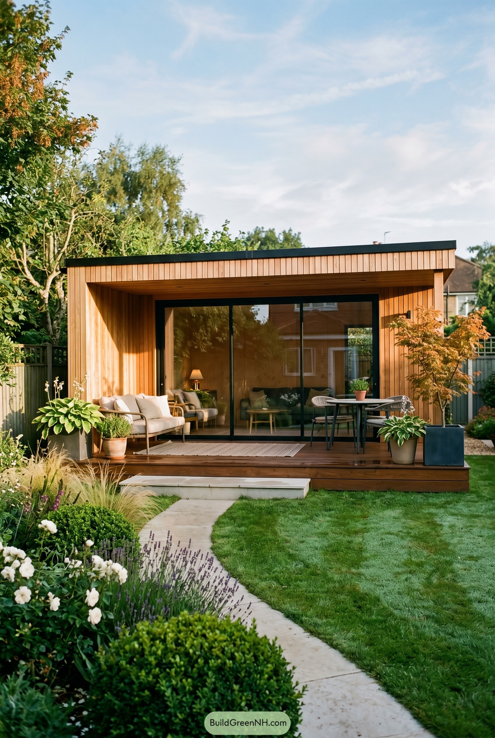 Modern timber summer house with covered deck