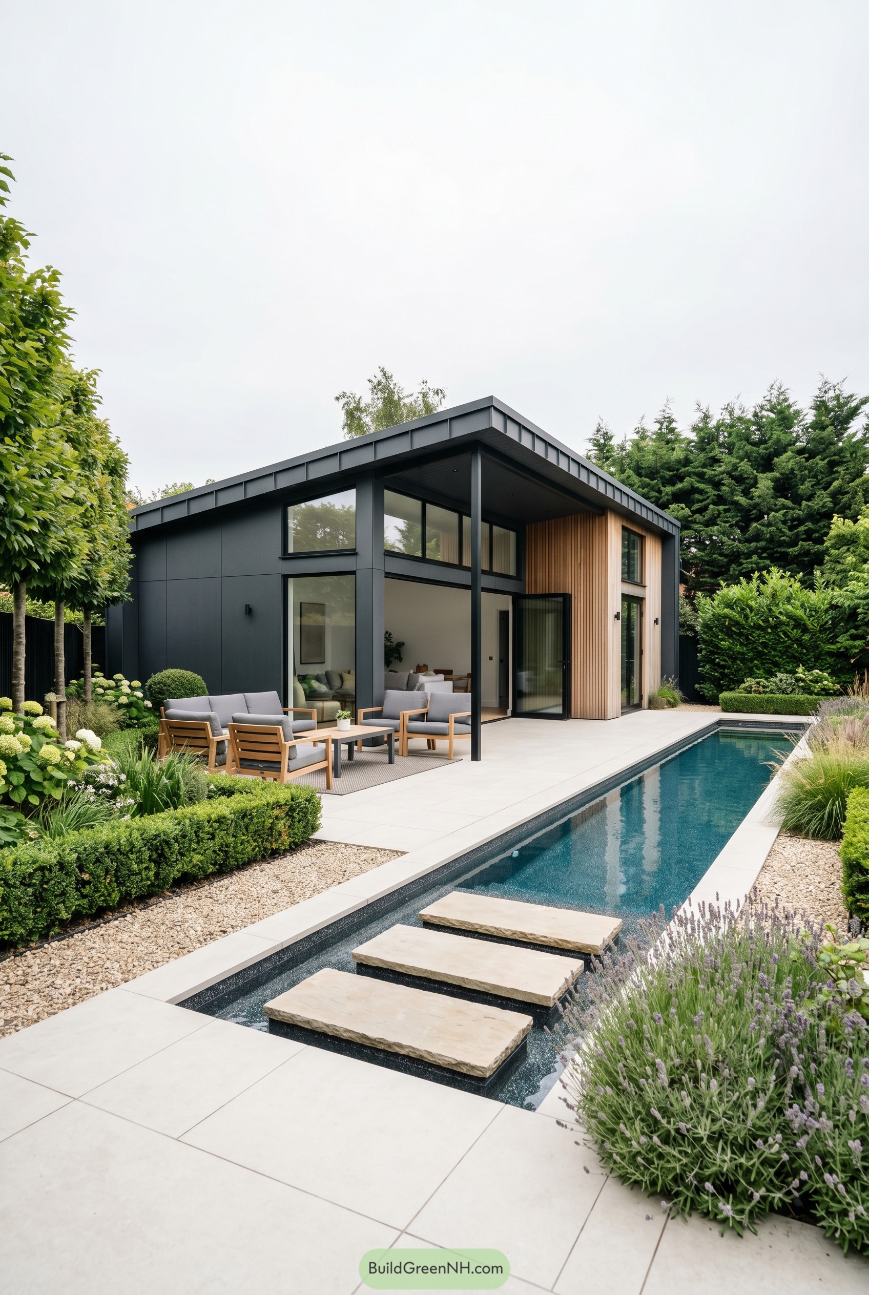 Modern summer house with covered deck and lap pool