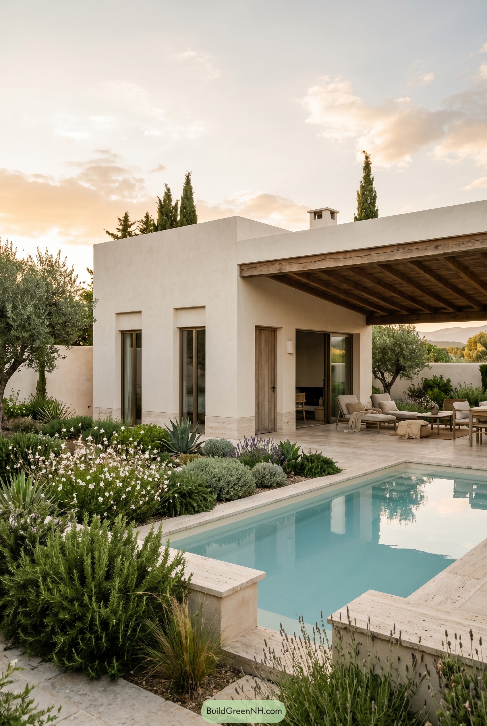 White stucco summer house with pool and covered deck