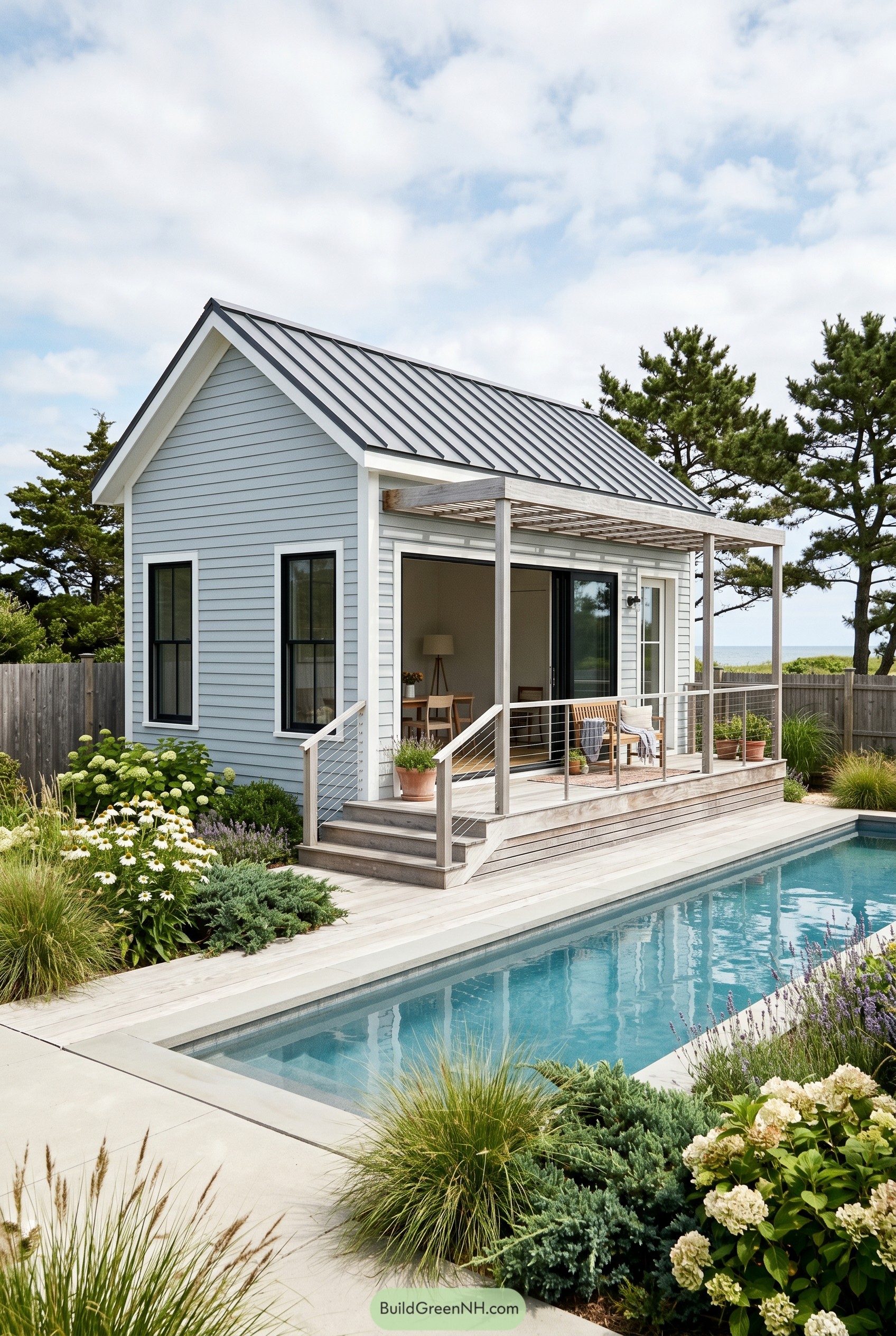 Blue backyard cottage with covered deck and lap pool