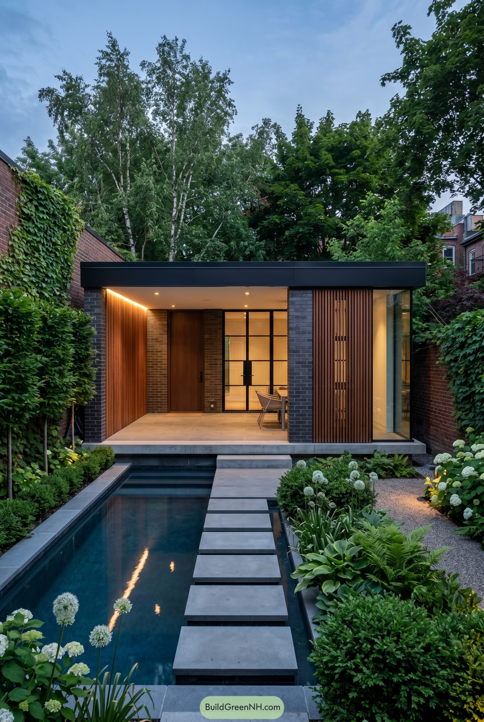 Modern pavilion with plunge pool and stepping stones