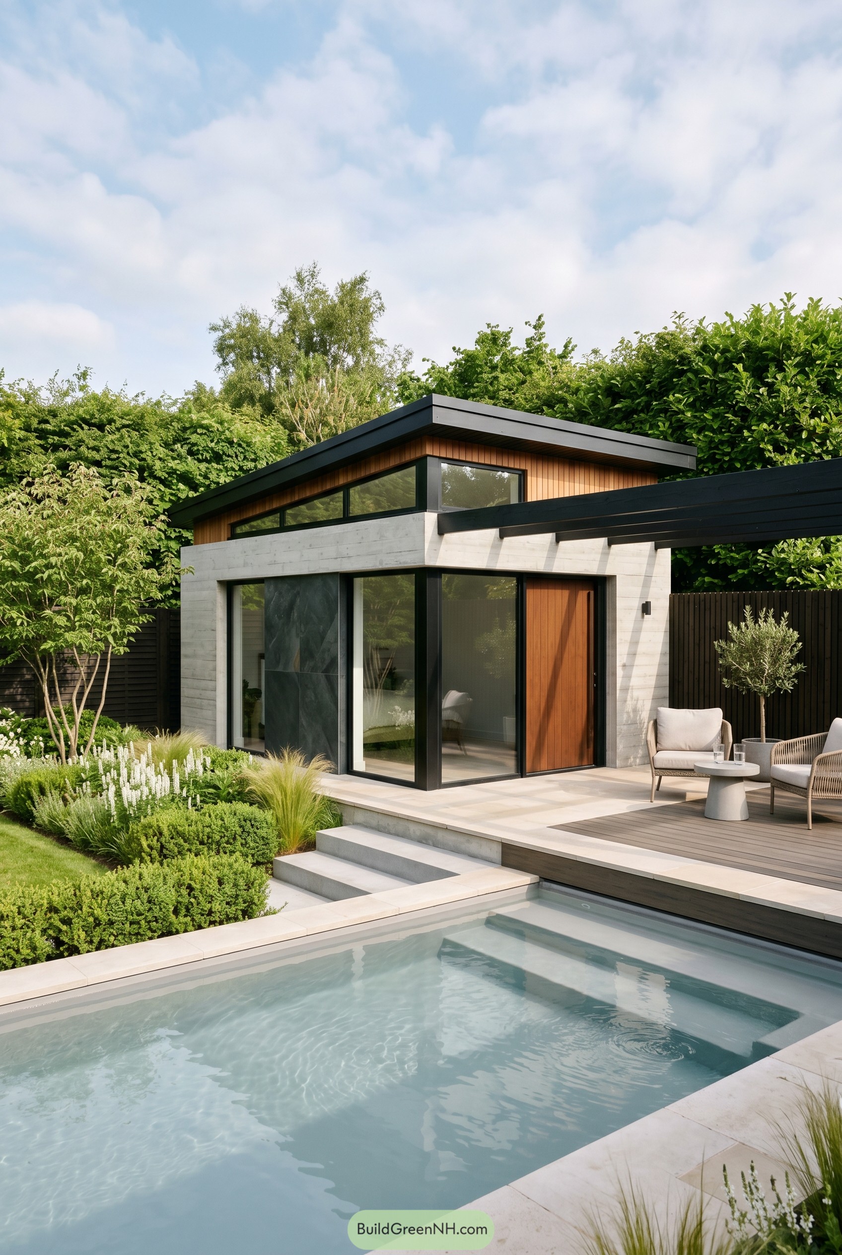 Modern pool house with pergola and small pool