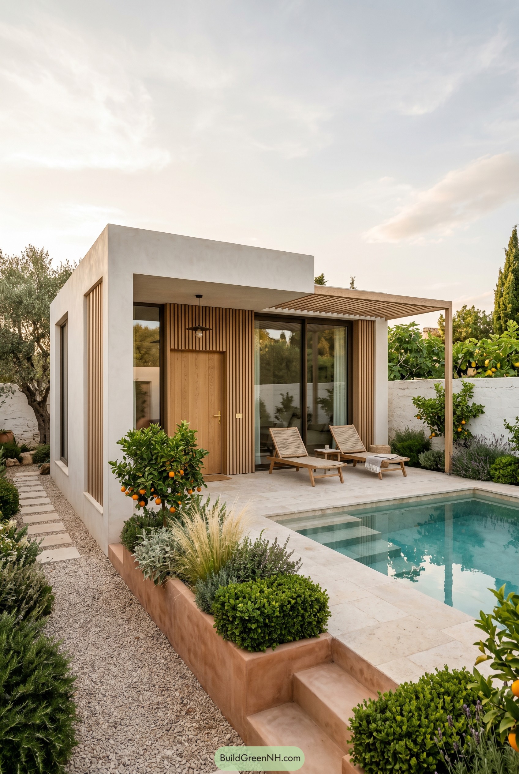 Minimal garden studio with pergola and plunge pool