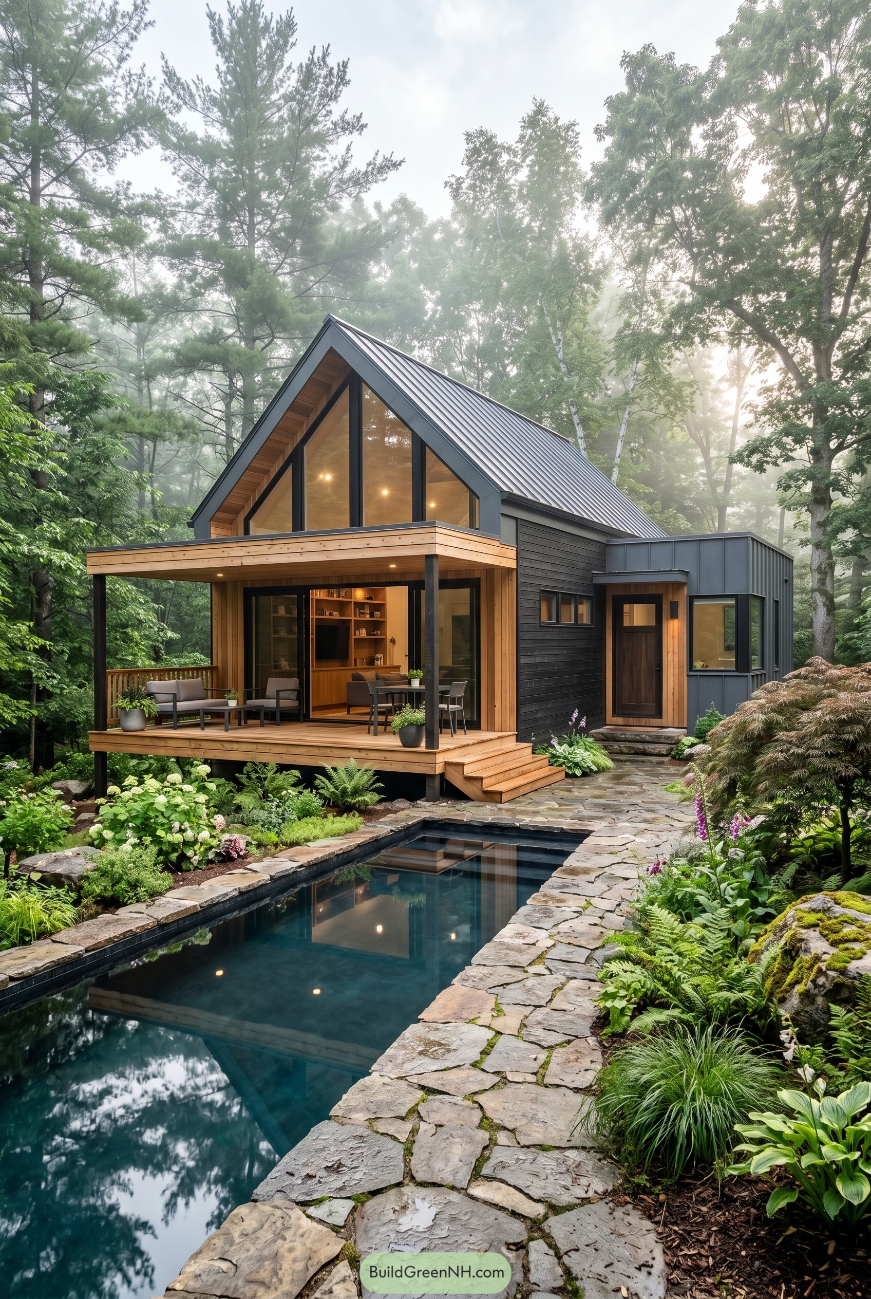 Modern black cabin with covered deck and narrow pool in a woodland garden