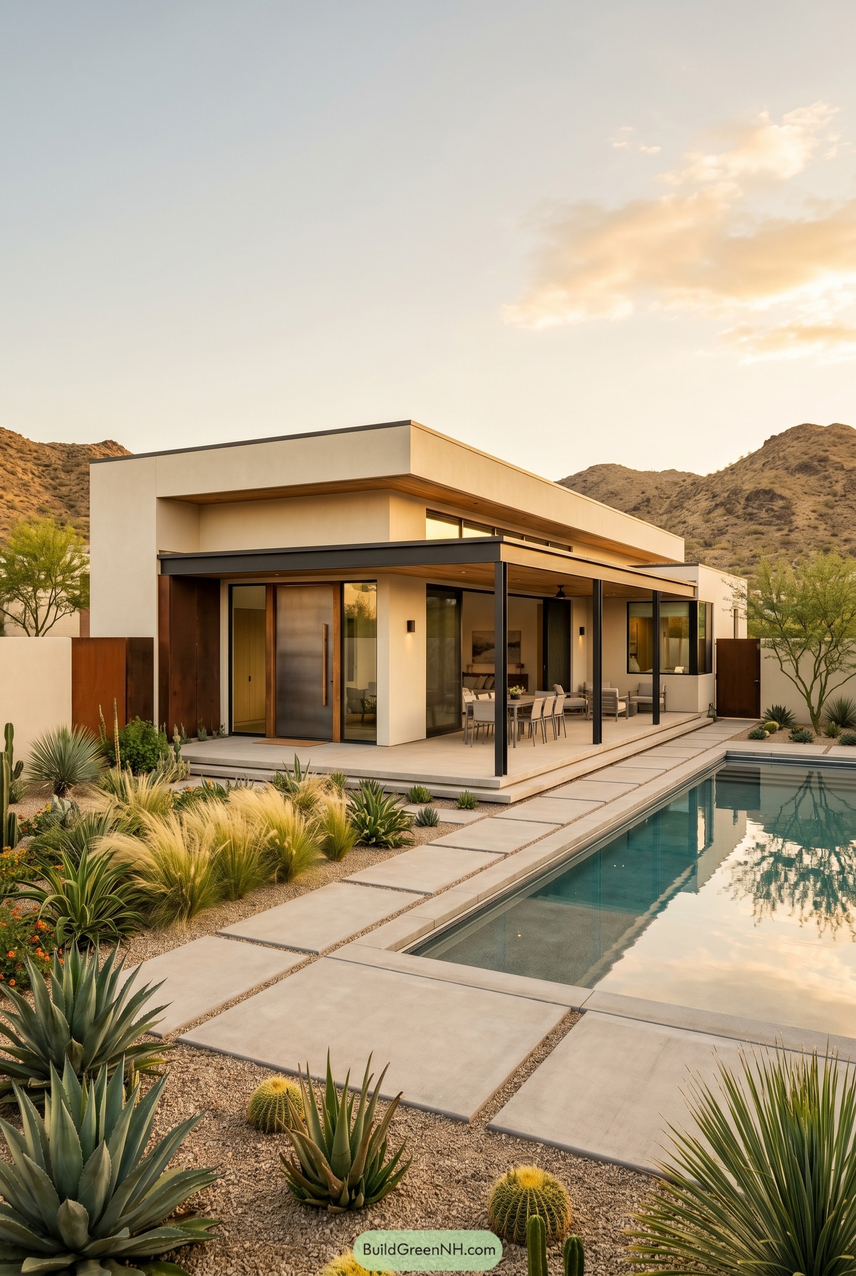 Modern desert house with covered patio and lap pool