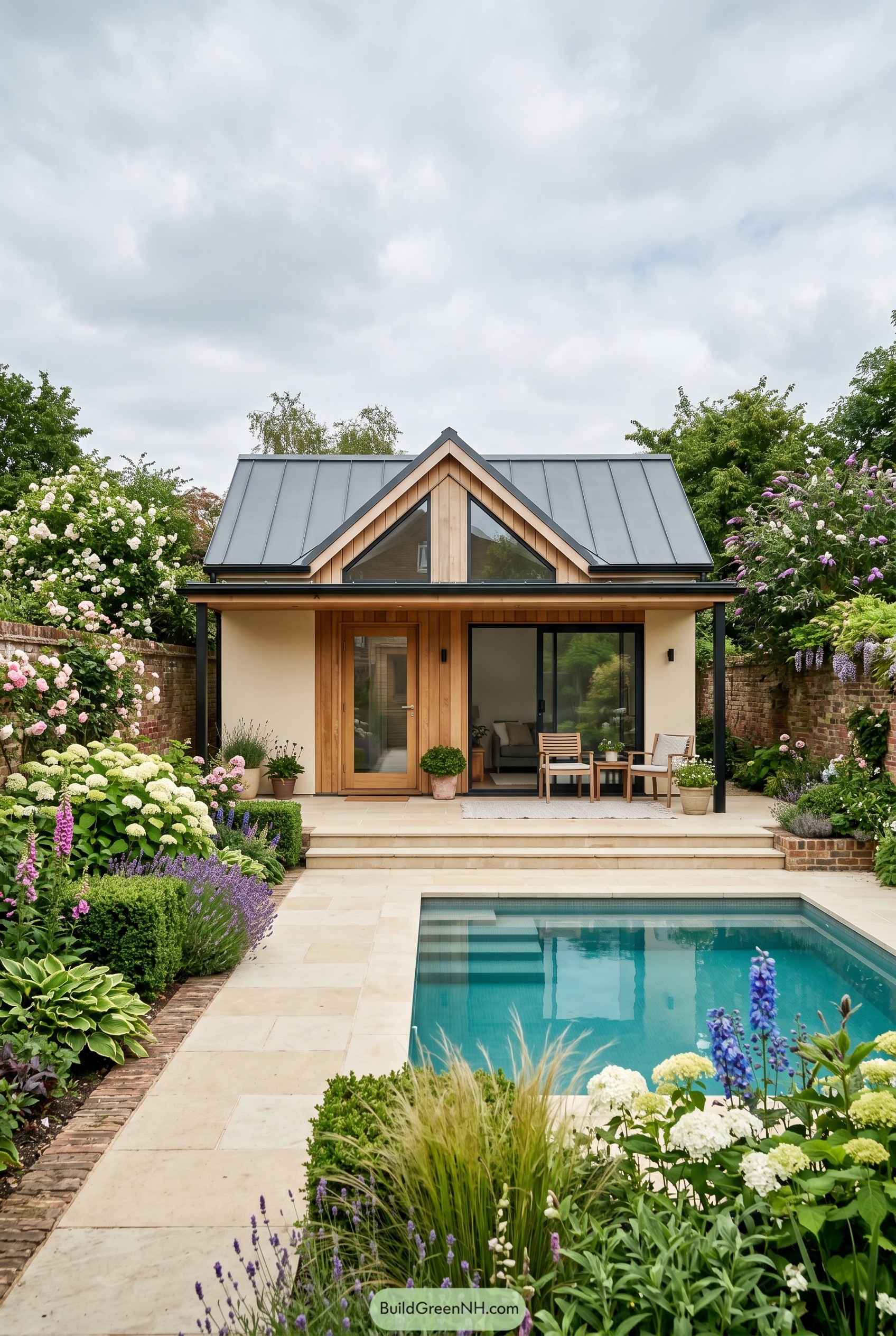 Small gabled garden house with plunge pool