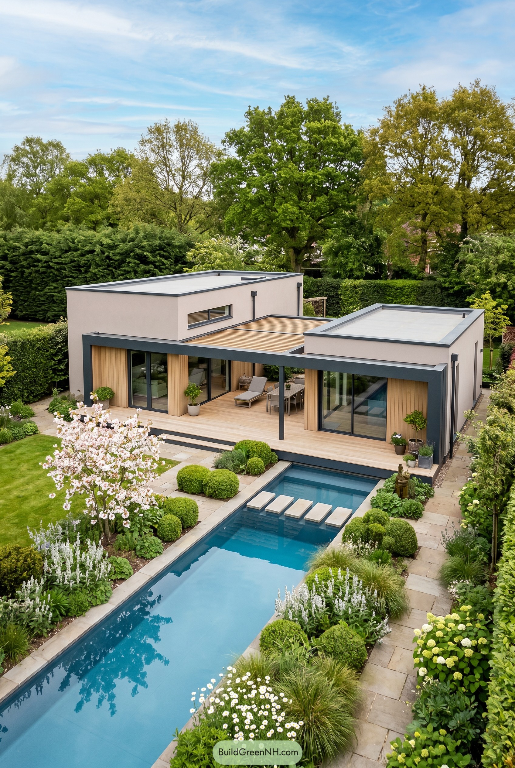 Modern flat roof garden studio with lap pool